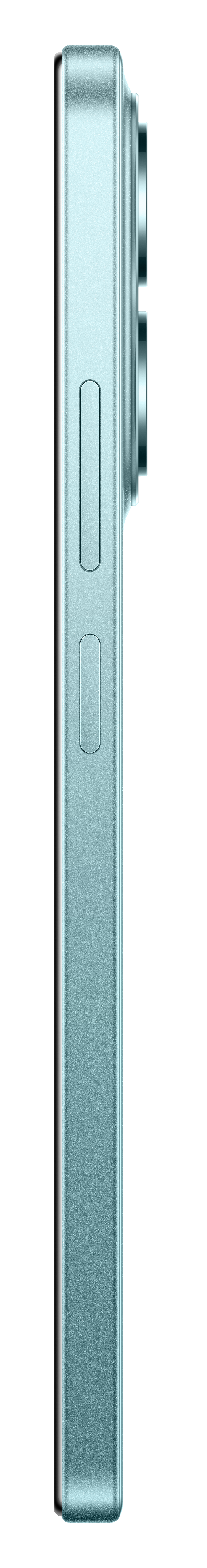 Widok z boku jasnoniebieskiego smartfona. Widoczne przyciski i obiektywy aparatu.
