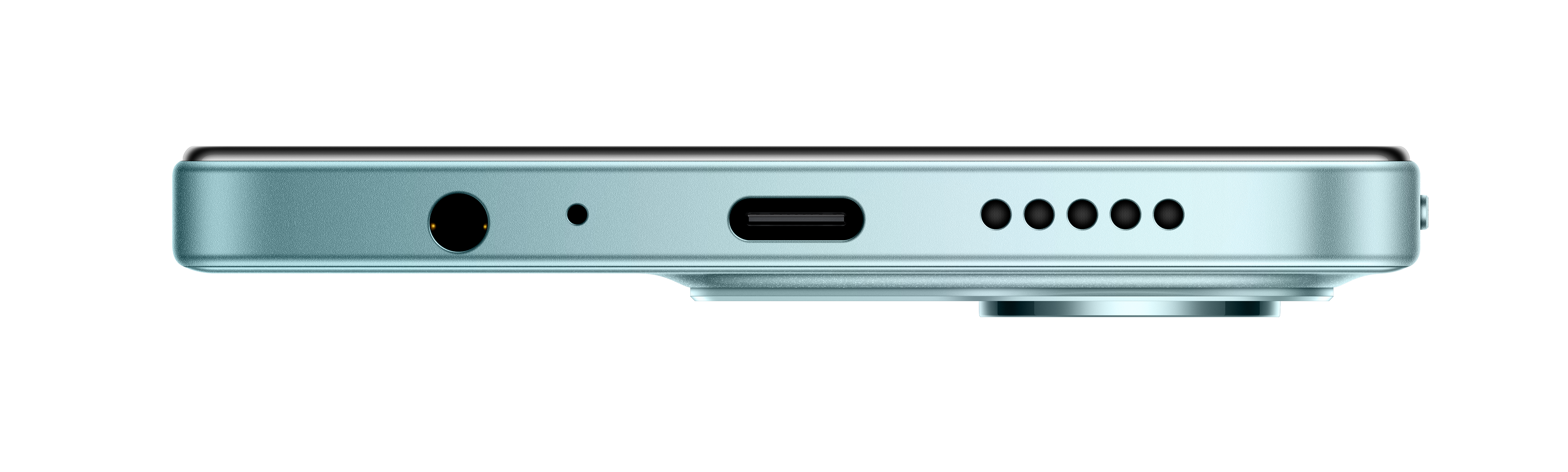 Widok z boku jasnoniebieskiego smartfona. Zawiera gniazdo słuchawkowe, port USB-C, otwory głośnikowe i aparat.
