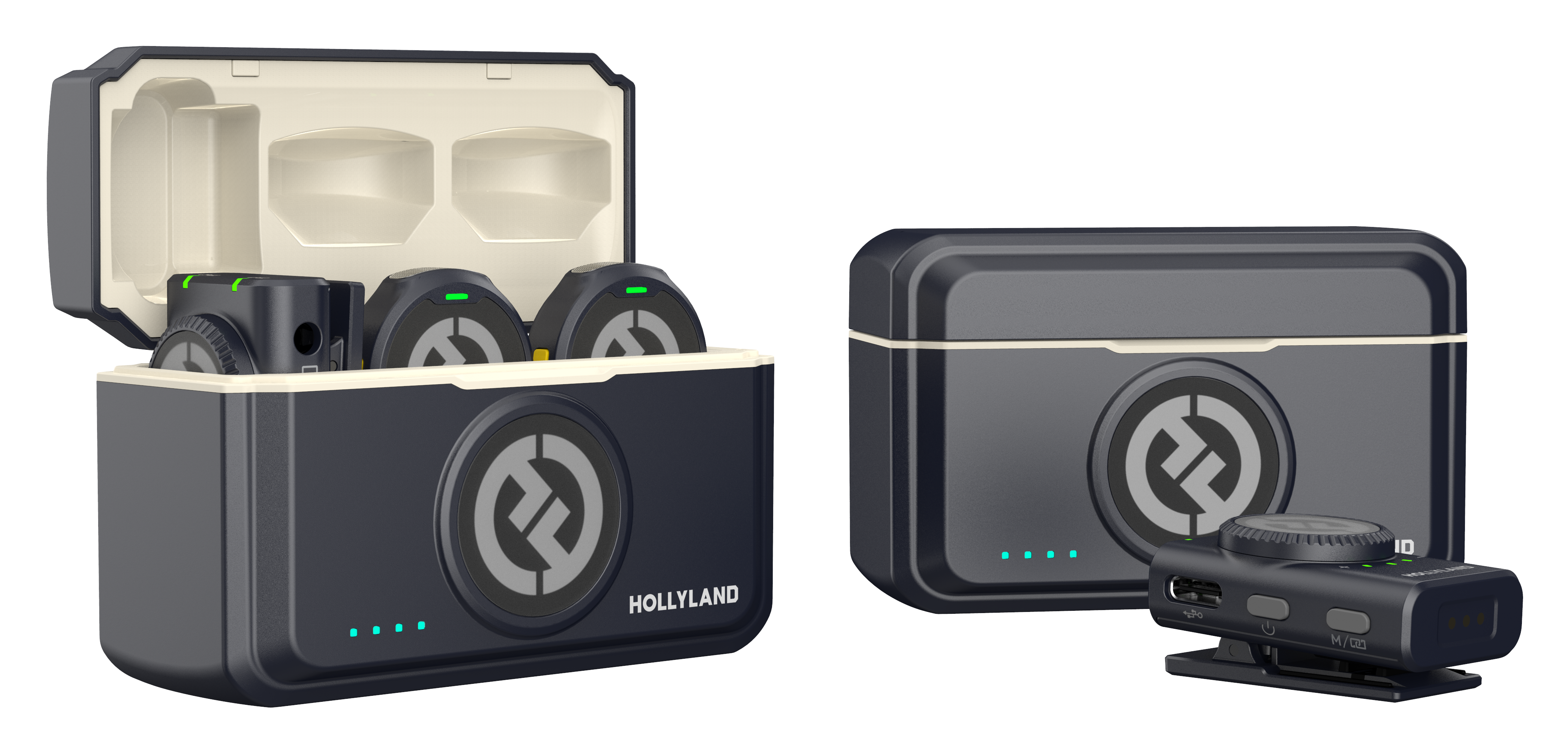 Czarny bezprzewodowy zestaw mikrofonów Hollyland. Zawiera etui ładujące z trzema mikrofonami i odbiornikiem. Światła wskazują status.