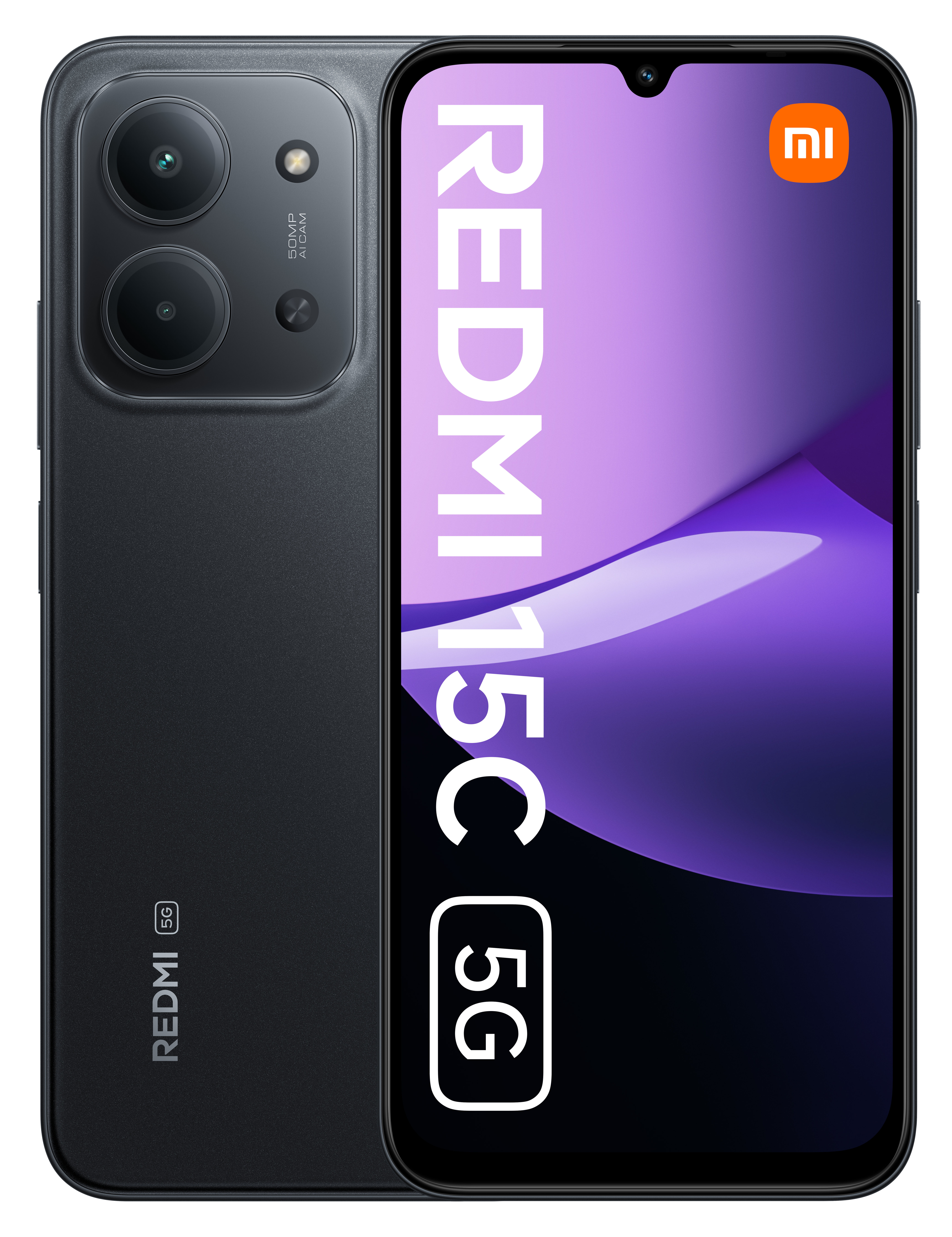 Czarny smartfon Redmi 15C 5G. Ekran wyświetla 'Redmi 15C 5G' i logo Xiaomi.