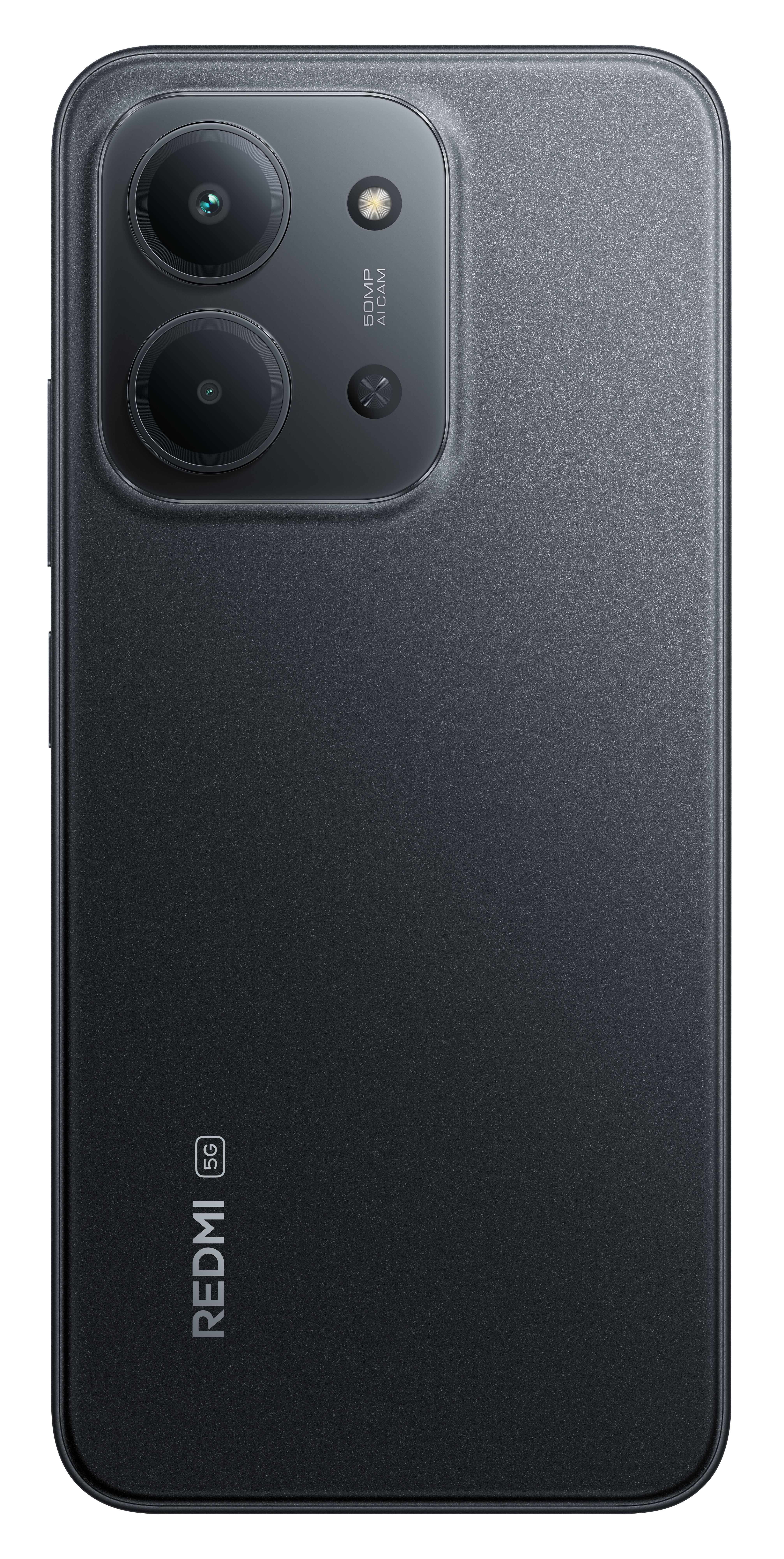 Czarny tył smartfona z podwójnym aparatem, lampą błyskową LED i logo Redmi. Obecne oznaczenie 5G. Telefon ma teksturowaną powierzchnię.