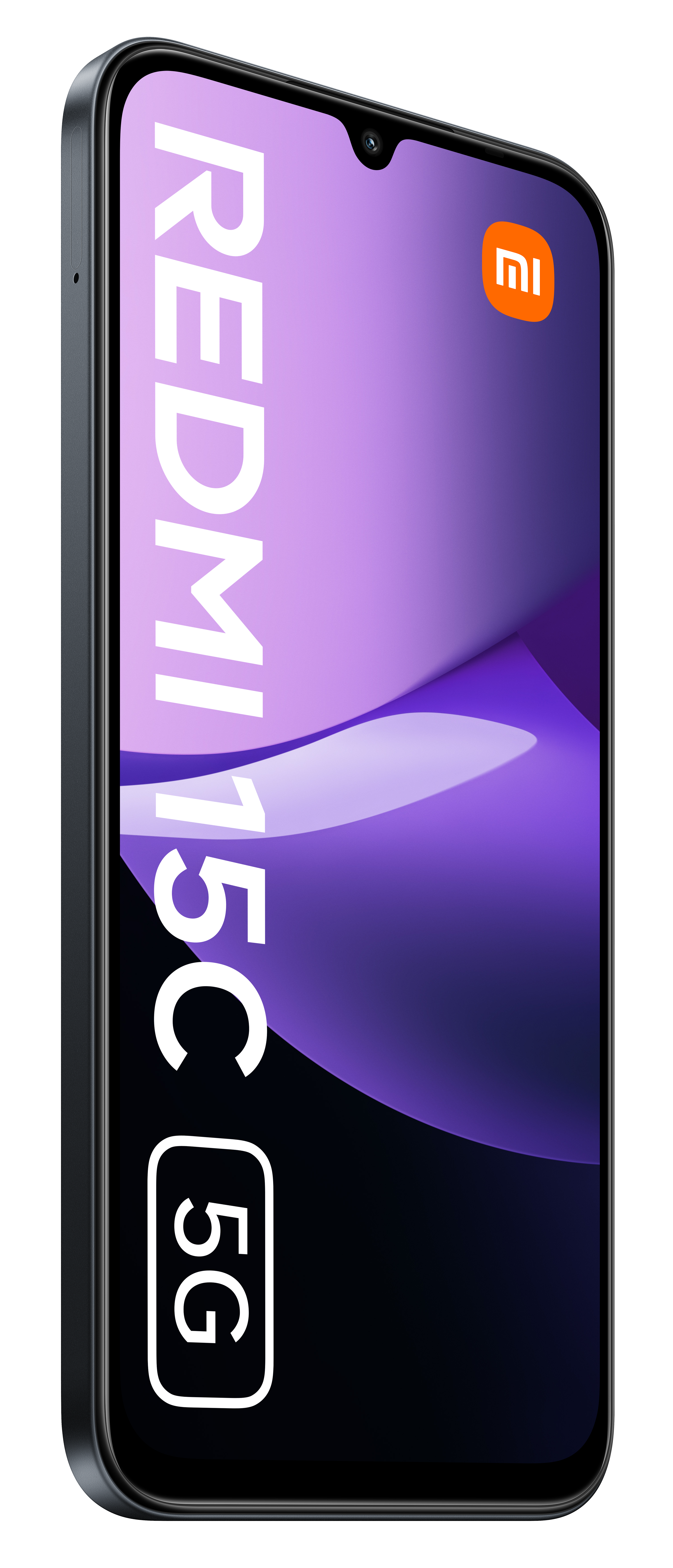 Czarny smartfon Redmi 15C 5G. Ekran wyświetla logo Redmi, nazwę modelu i fioletowe tło. Widoczne jest logo Xiaomi.