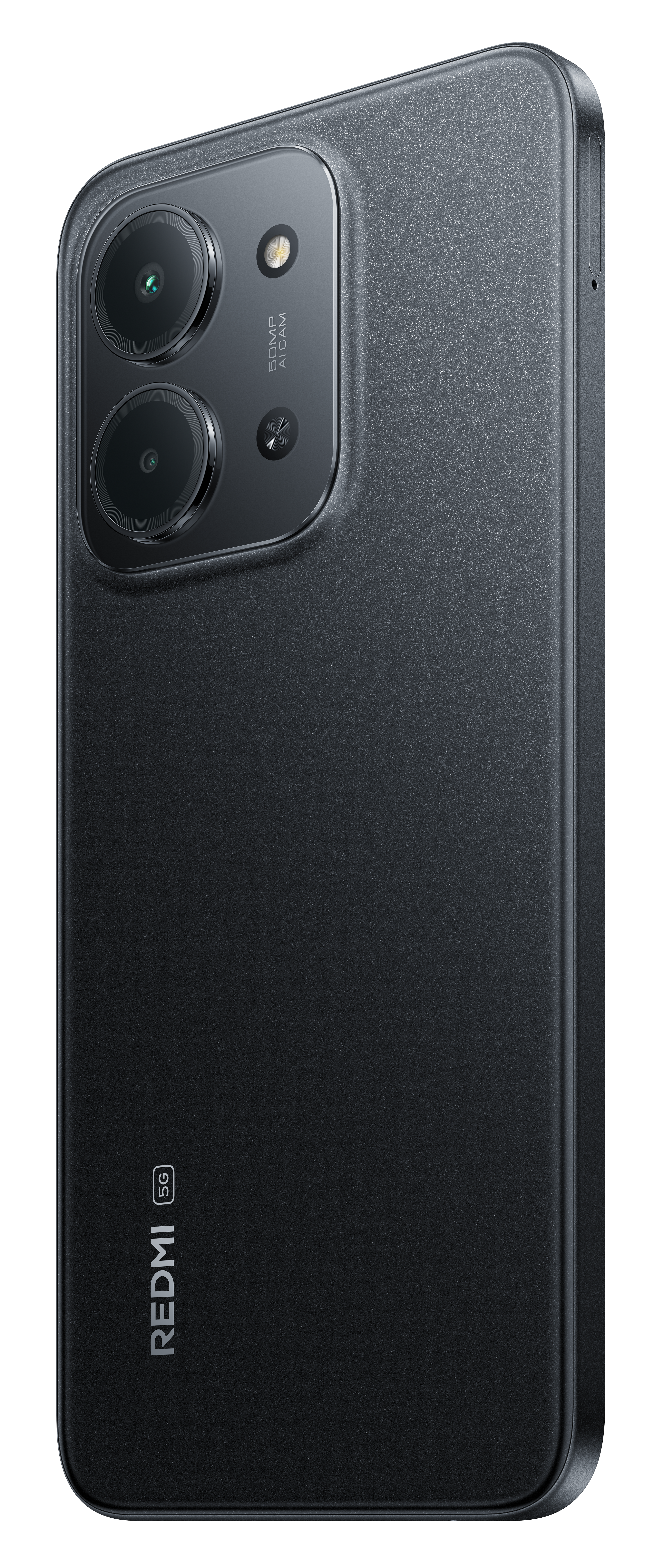 Czarny smartfon Redmi 5G. Posiada zestaw aparatów i logo Redmi. Telefon ma teksturowane wykończenie i zaokrąglone krawędzie.