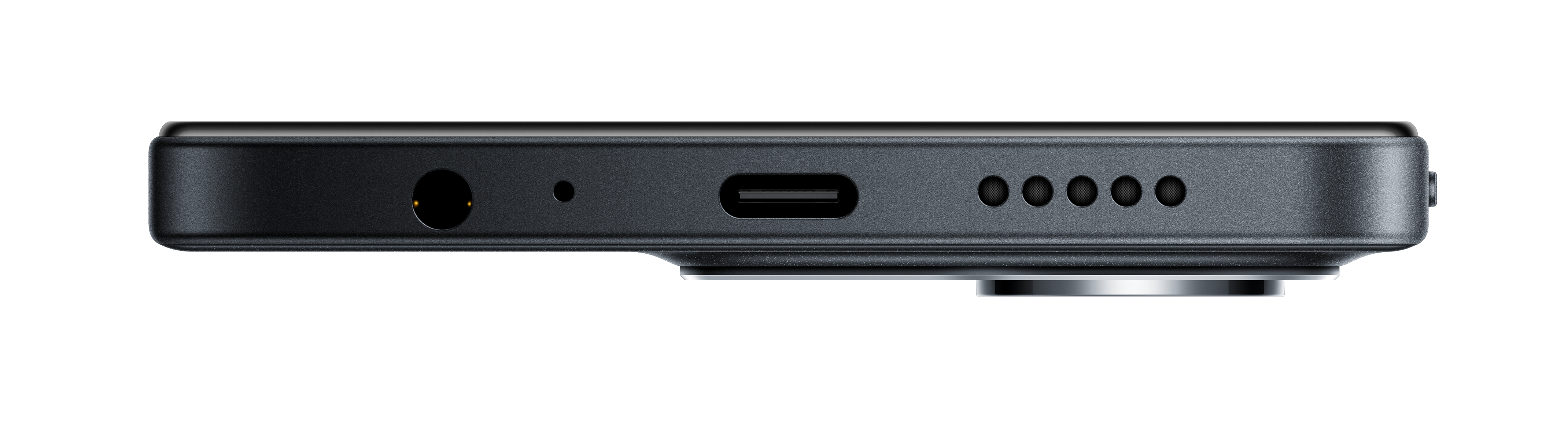 Zbliżenie dolnej krawędzi czarnego telefonu. Zawiera: gniazdo słuchawkowe, mikrofon, port USB-C i kratkę głośnika.