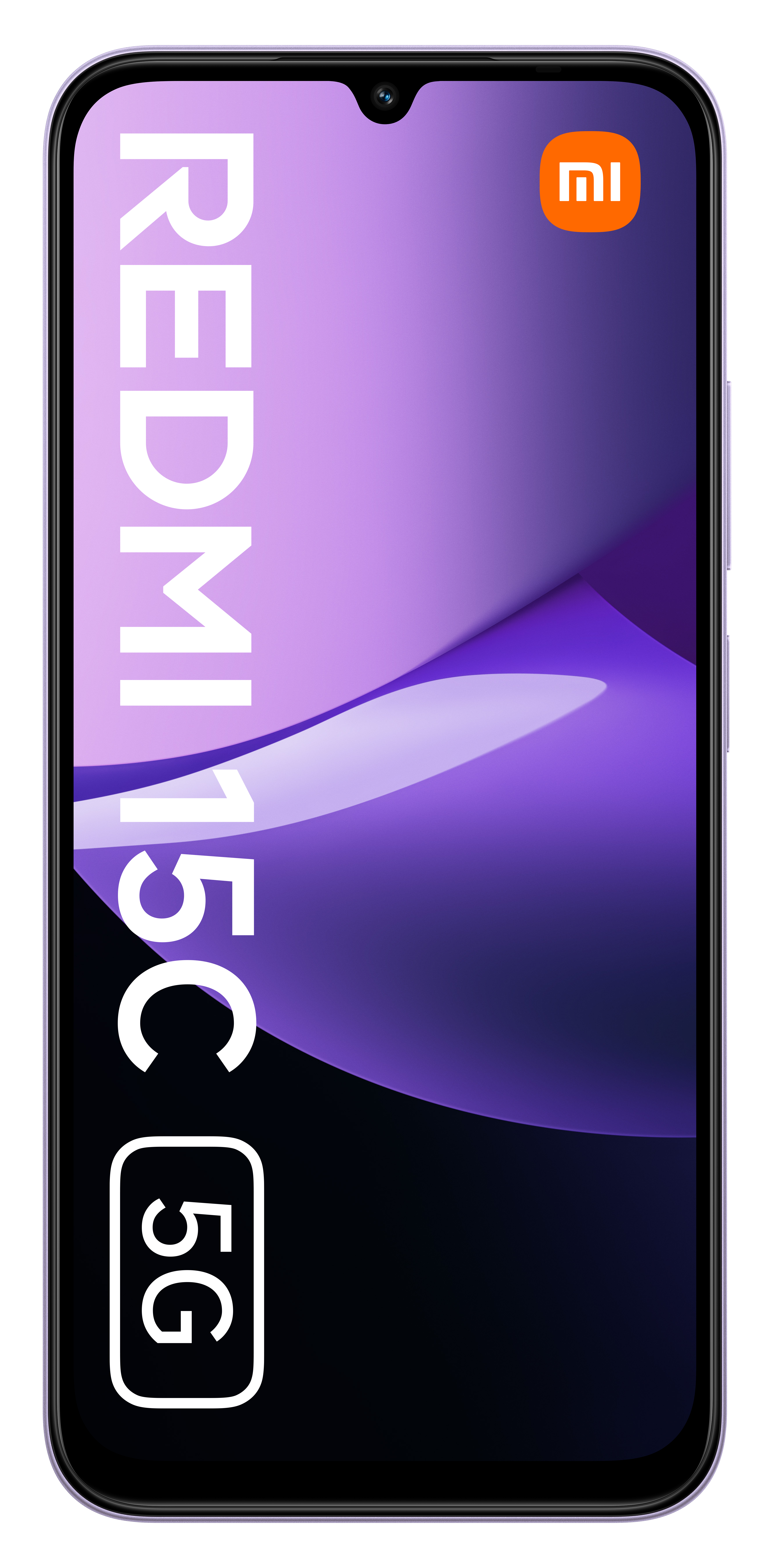 Smartfon z fioletowym ekranem wyświetla logo Redmi 15C 5G. Ma aparat u góry i pomarańczowe logo.