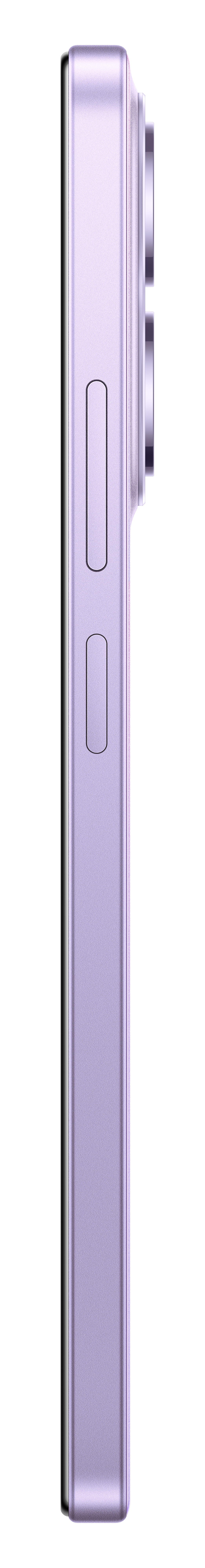 Widok z boku jasnofioletowego smartfona. Ma przyciski i wypukłość aparatu po prawej stronie, na czarnym tle.