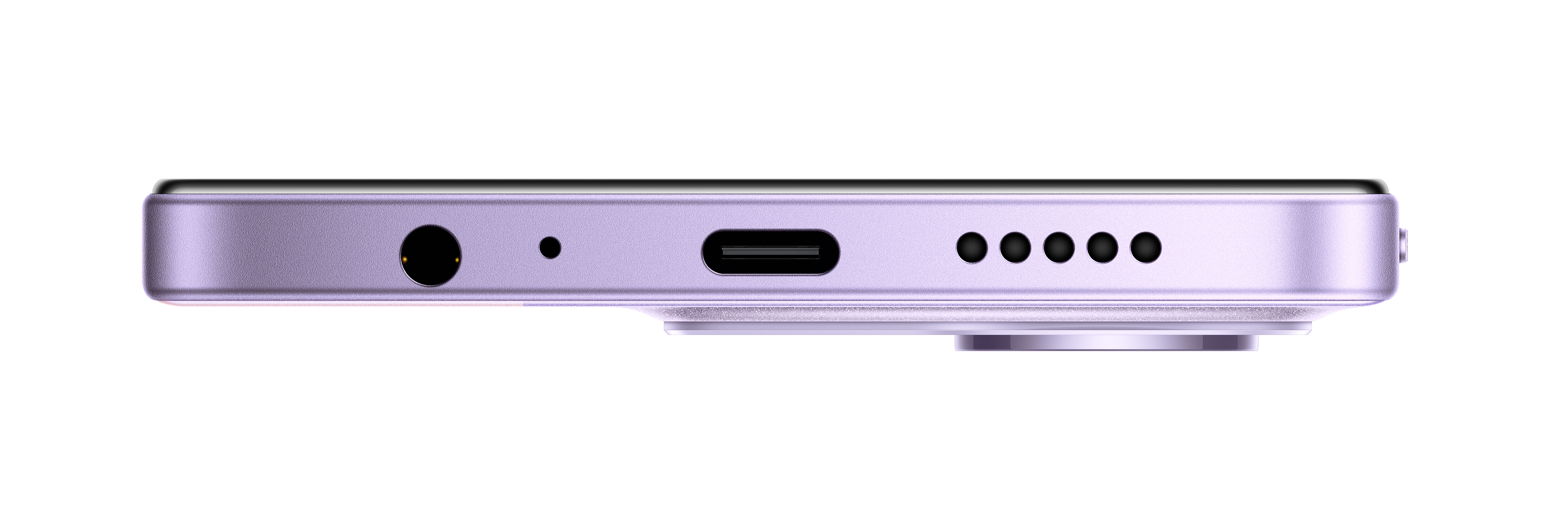 Widok z boku fioletowego smartfona. Posiada gniazdo słuchawkowe, port ładowania, głośniki i przycisk na czarnym tle.