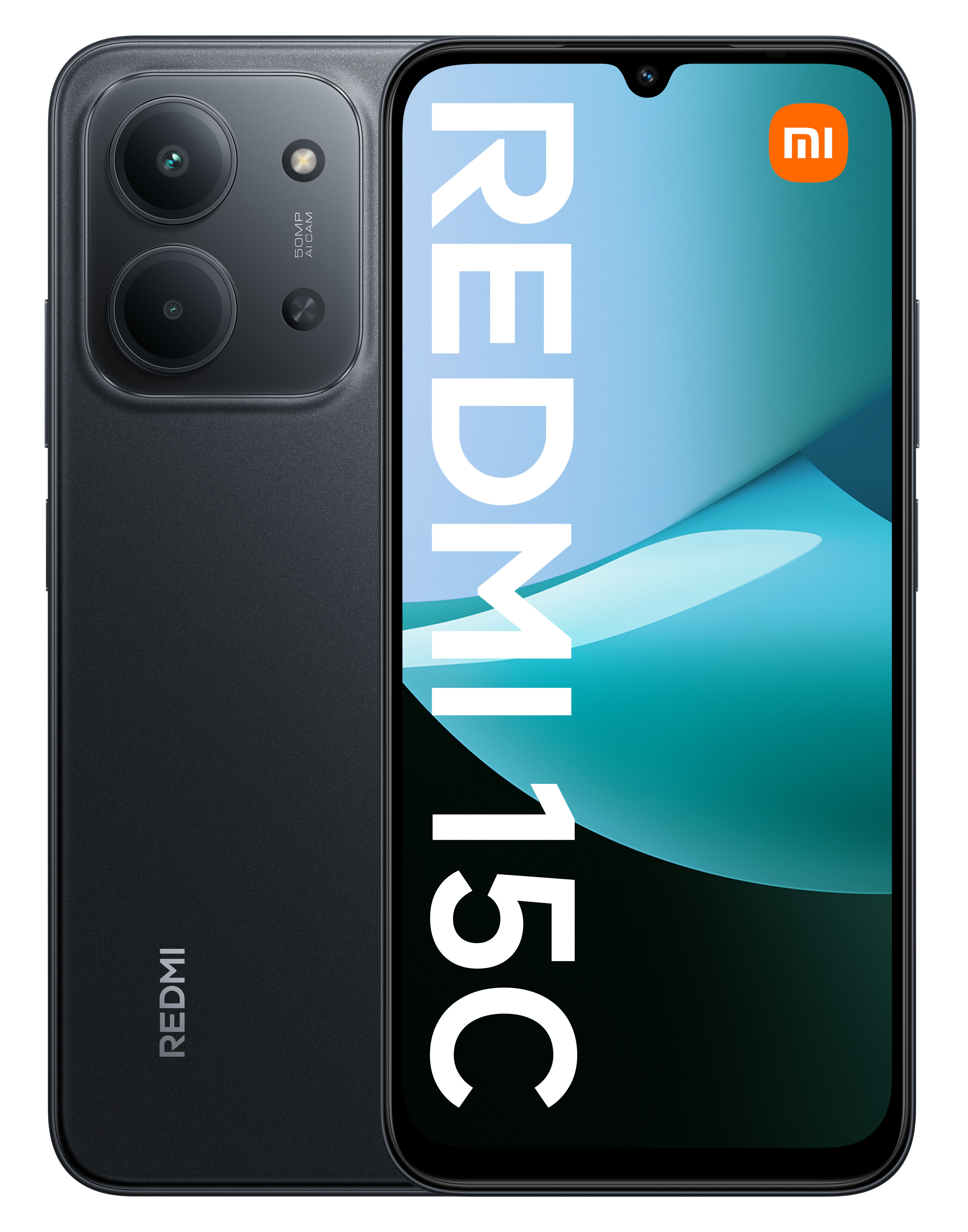 Czarny smartfon Redmi 15C. Ekran wyświetla logo Redmi 15C. Telefon ma dwa aparaty i logo MI.