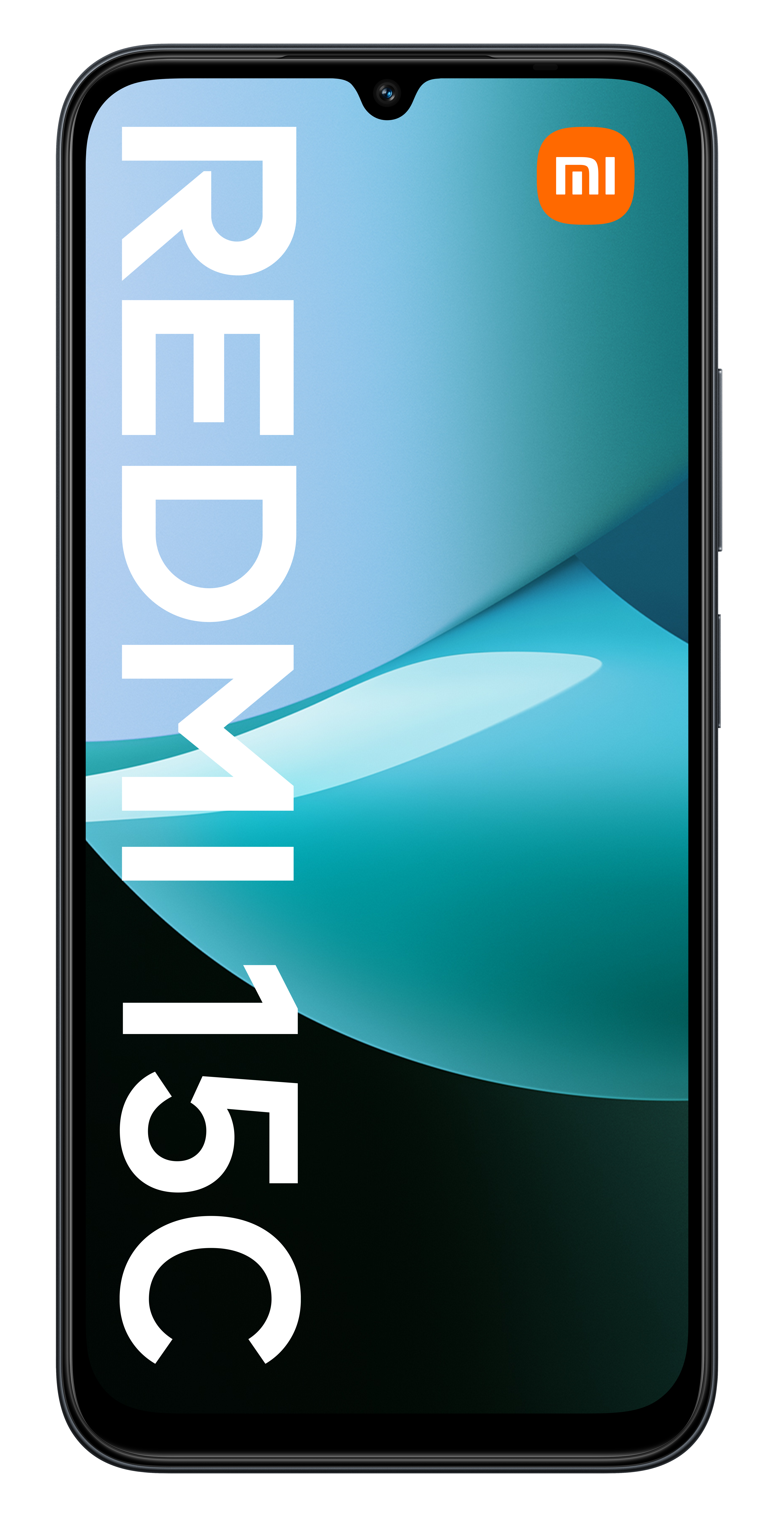 Smartfon z napisem 'REDMI 15C' na ekranie. Ma niebiesko-turkusowe gradientowe tło. Telefon ma czarną ramkę.