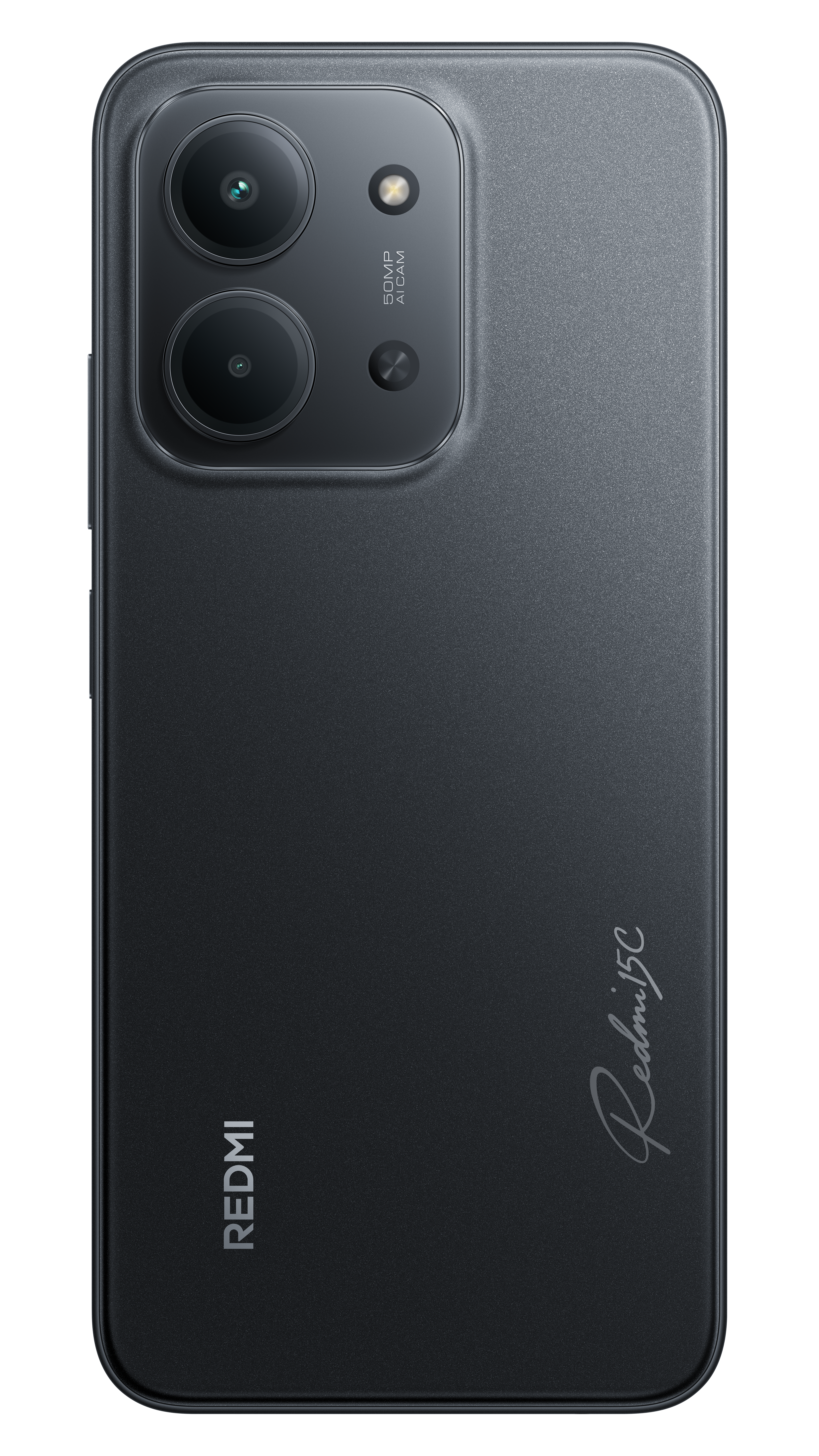 Czarny tył smartfona z obiektywami aparatu, lampą błyskową i logo Redmi. Telefon ma teksturowaną powierzchnię i logo Redmi 5C.
