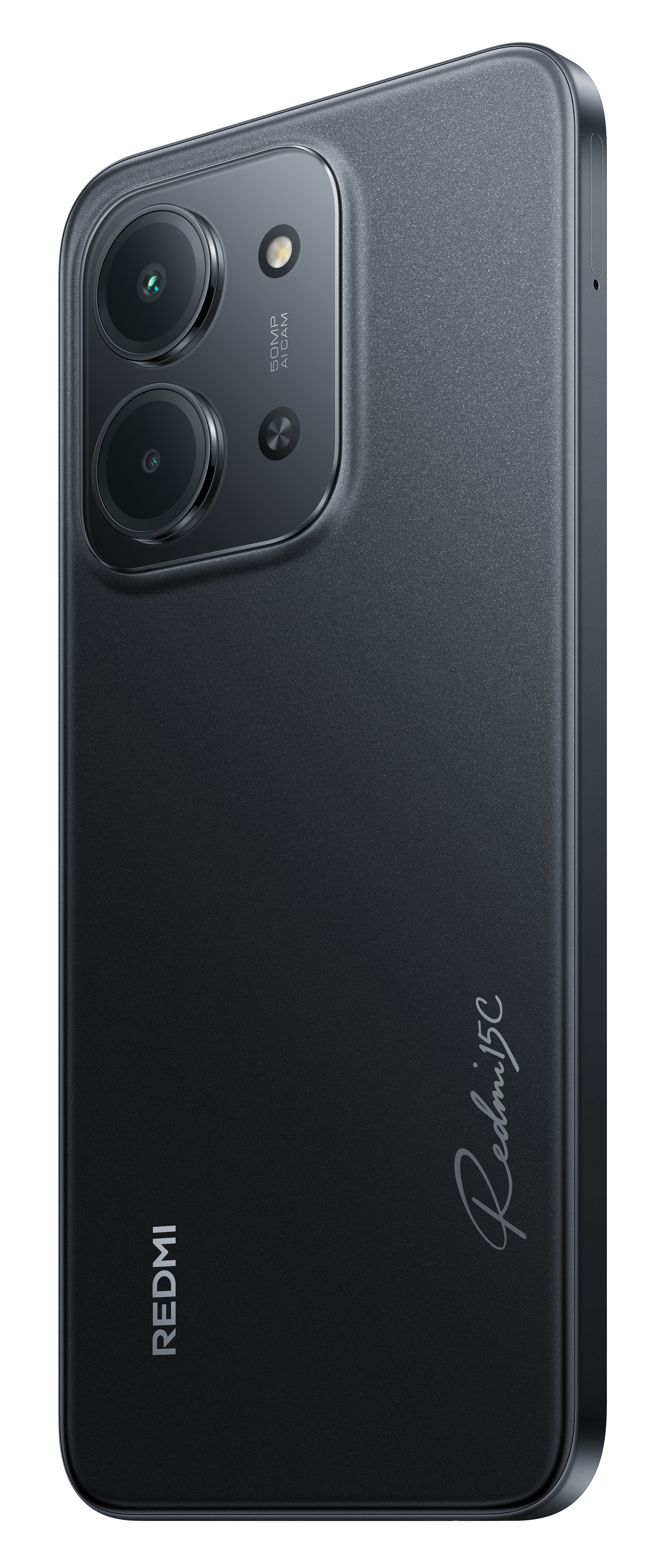 Czarny smartfon Redmi 13C. Moduł aparatu zawiera trzy obiektywy i napis 50MP AI CAM.