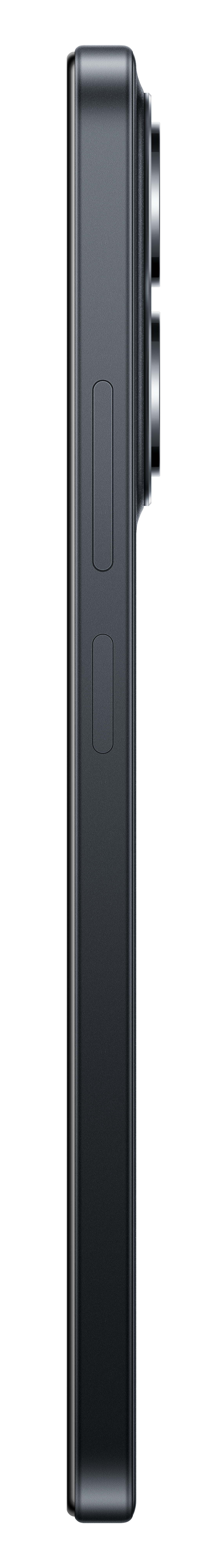 Widok z boku ciemnoszarego smartfona. Widoczne przyciski zasilania i głośności. Tło jest czarne.