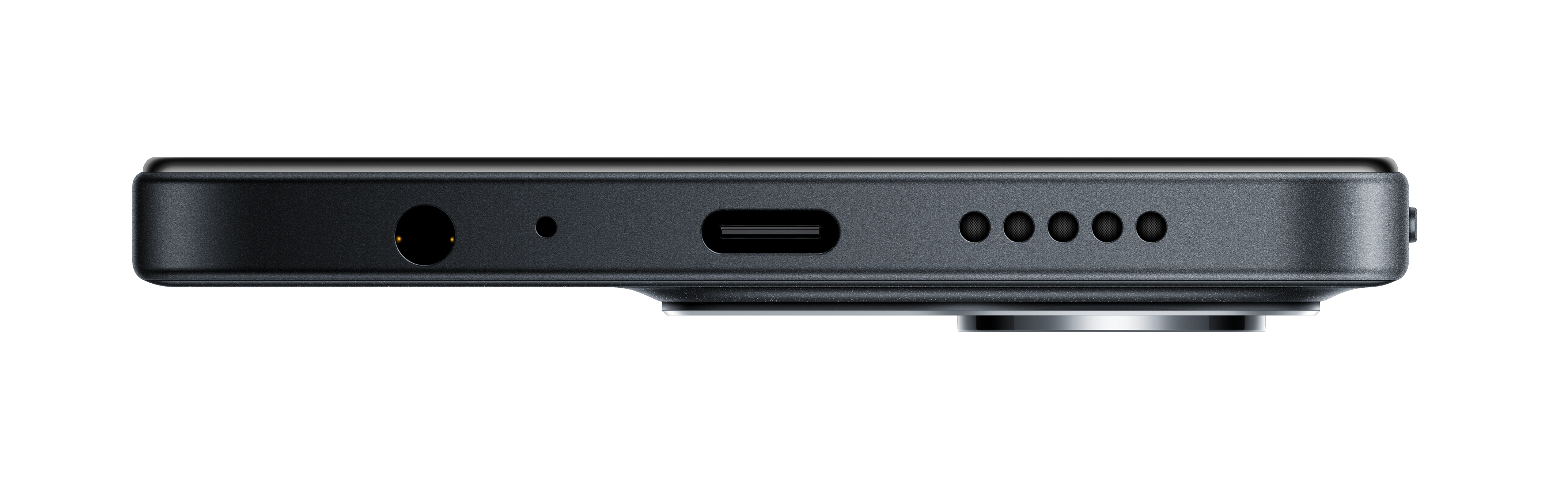 Zbliżenie dolnej krawędzi czarnego smartfona, pokazujące gniazdo słuchawkowe, port i głośniki na czarnym tle.