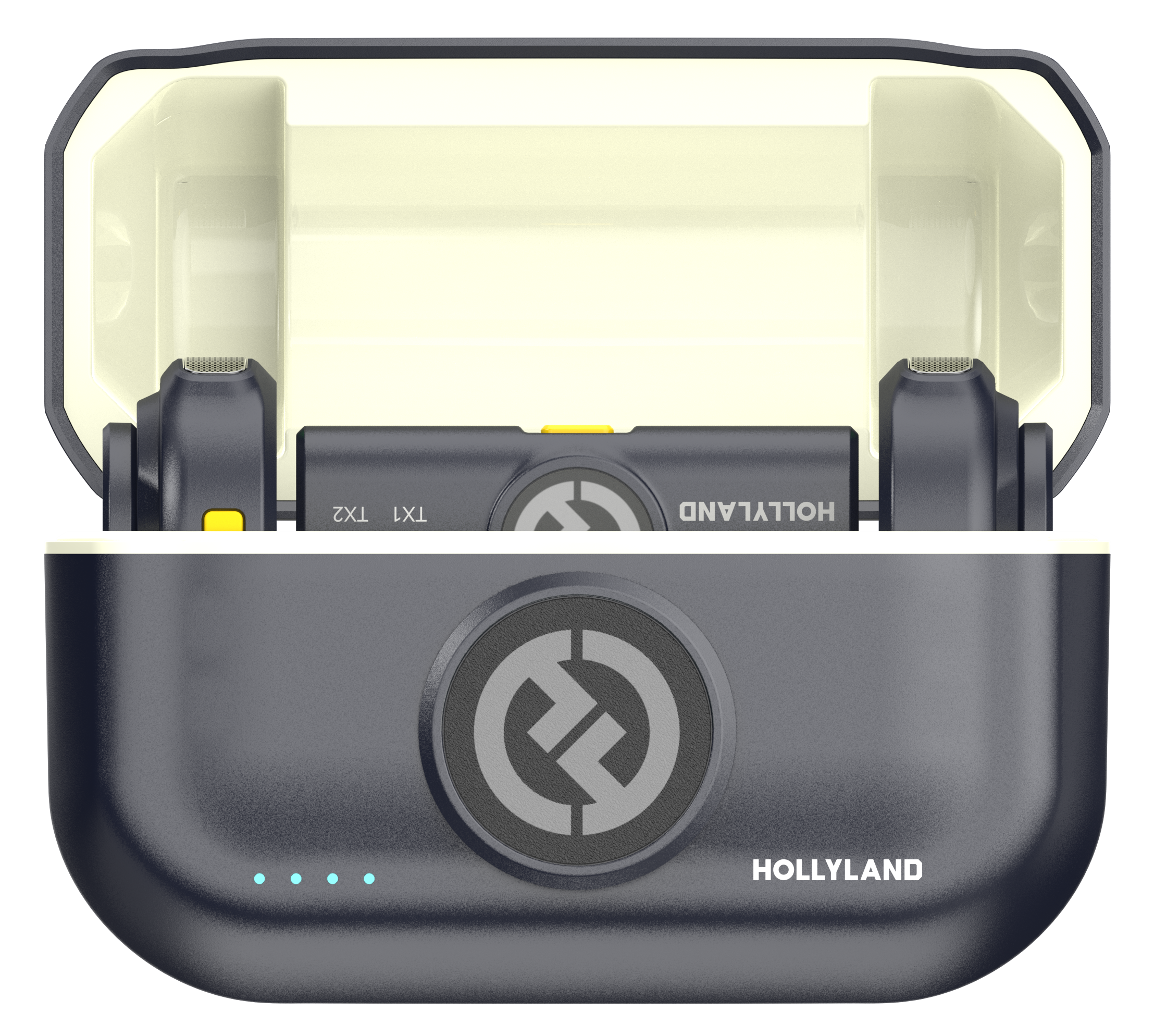 Otwarta obudowa ładująca, mieszcząca dwa czarne mikrofony bezprzewodowe. Obudowa jest ciemnoszara, z marką 'HOLLYLAND'.