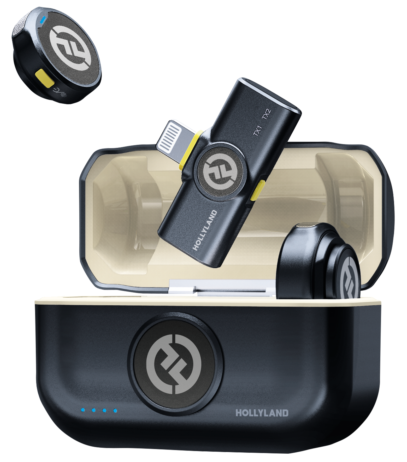 Czarny zestaw mikrofonów bezprzewodowych Hollyland, zawierający etui ładujące, dwa nadajniki i odbiornik.