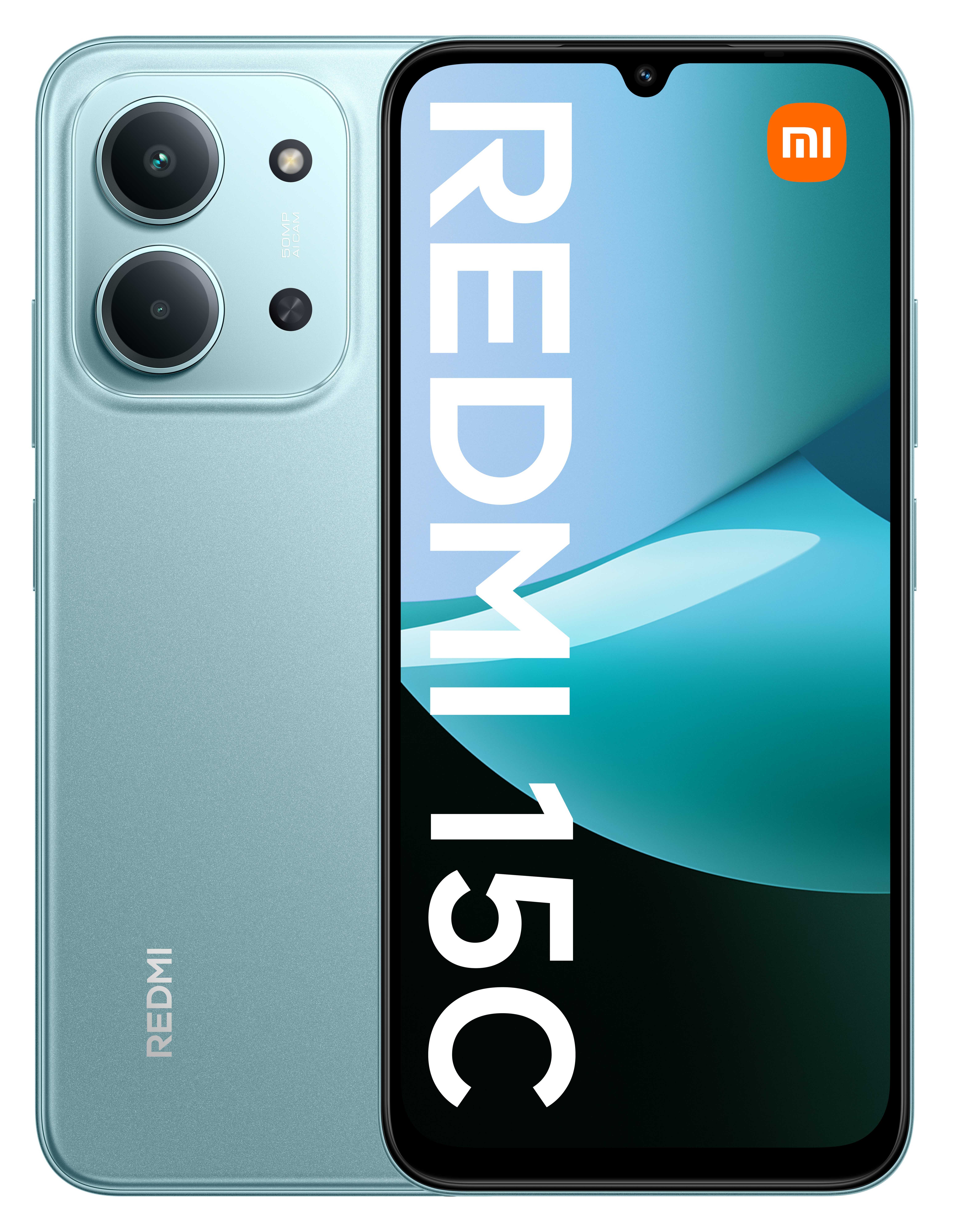Turkusowy telefon Redmi 15C. Ekran wyświetla logo Redmi 15C. Telefon ma trzy tylne aparaty.