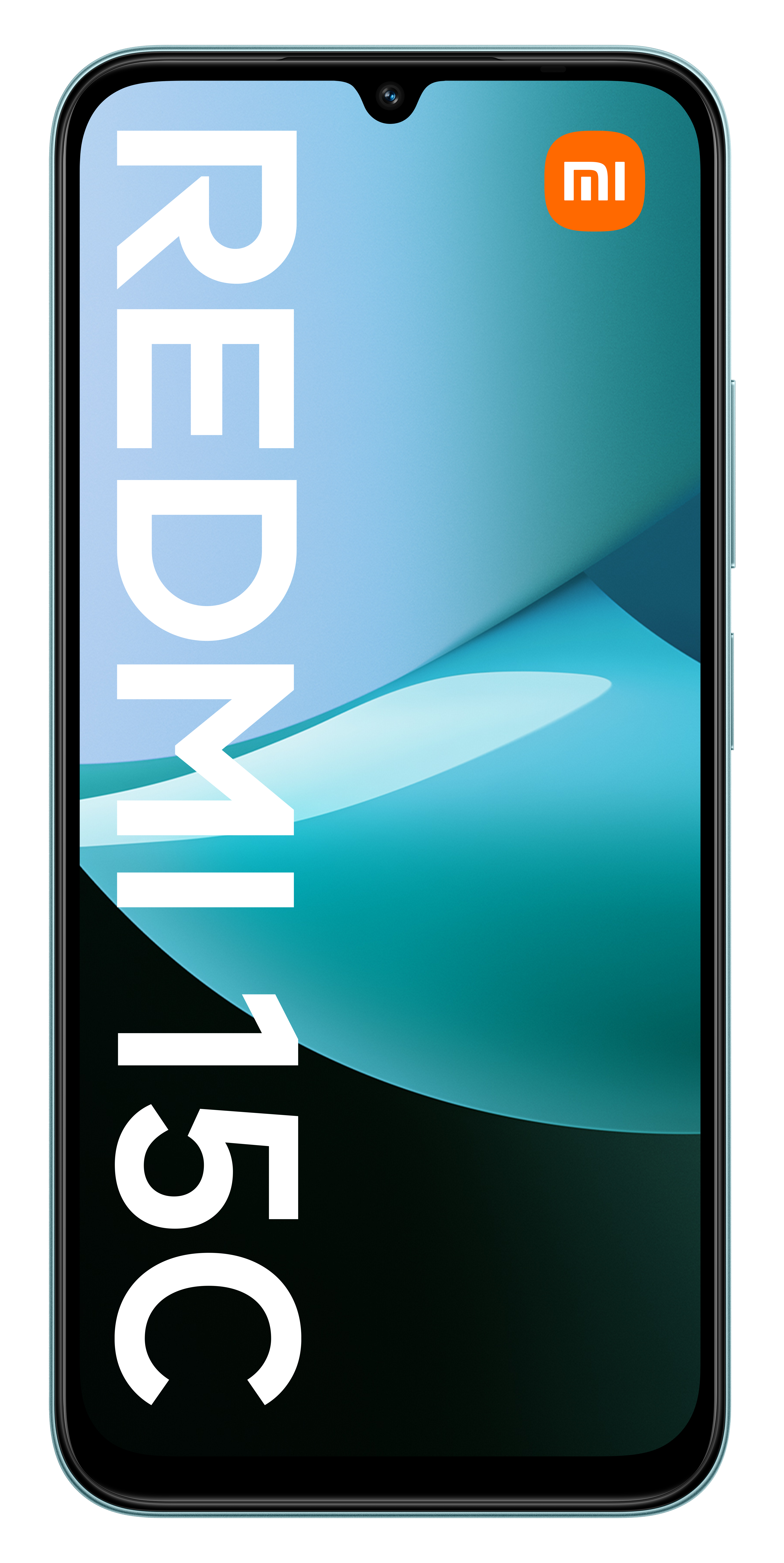 Ekran smartfona wyświetla logo Redmi 15C z niebiesko-turkusowym abstrakcyjnym tłem. Logo Xiaomi znajduje się w prawym górnym rogu.