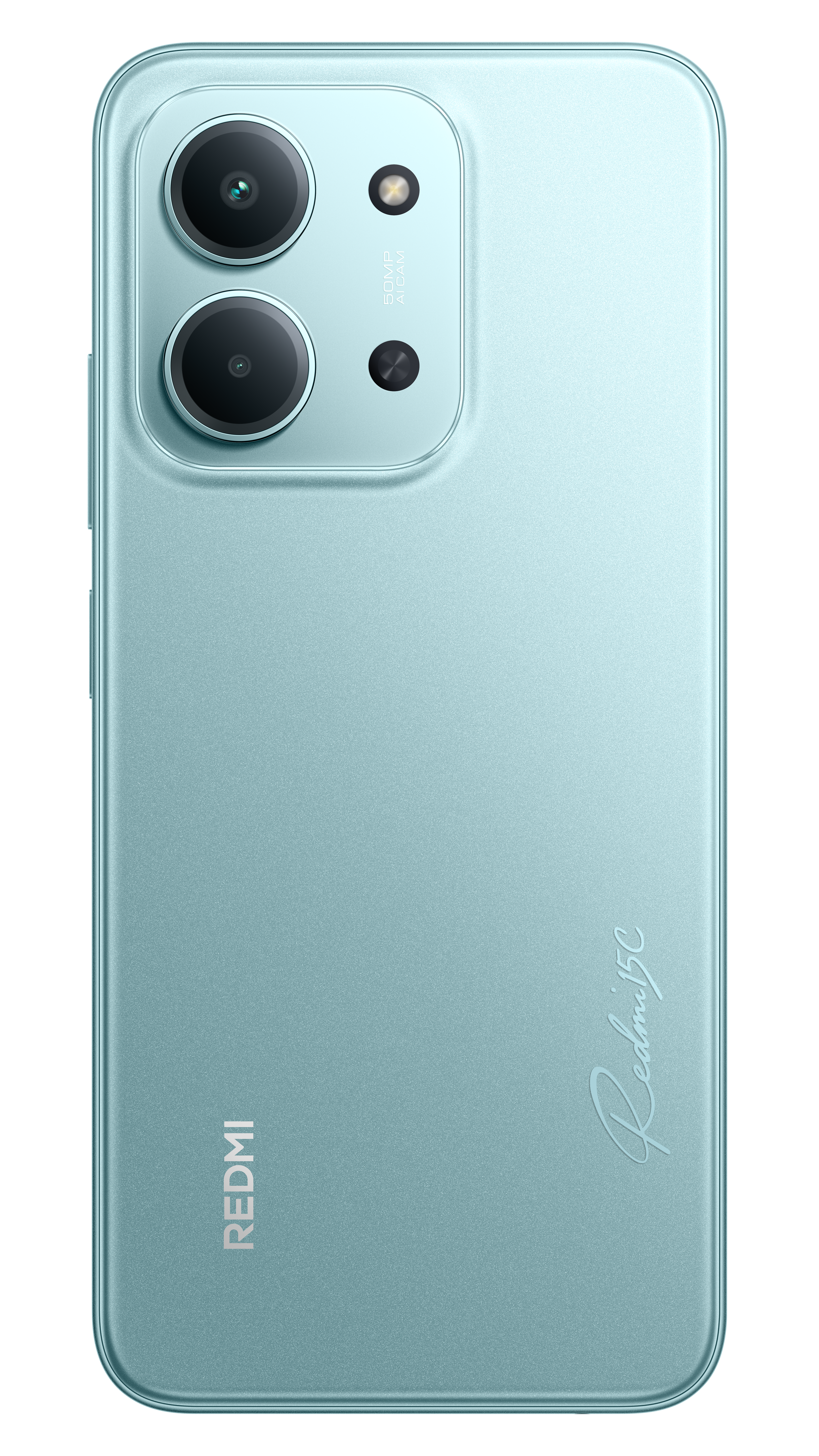 Widok z tyłu turkusowego smartfona. Posiada podwójny aparat, lampę błyskową i markę Redmi 5C.
