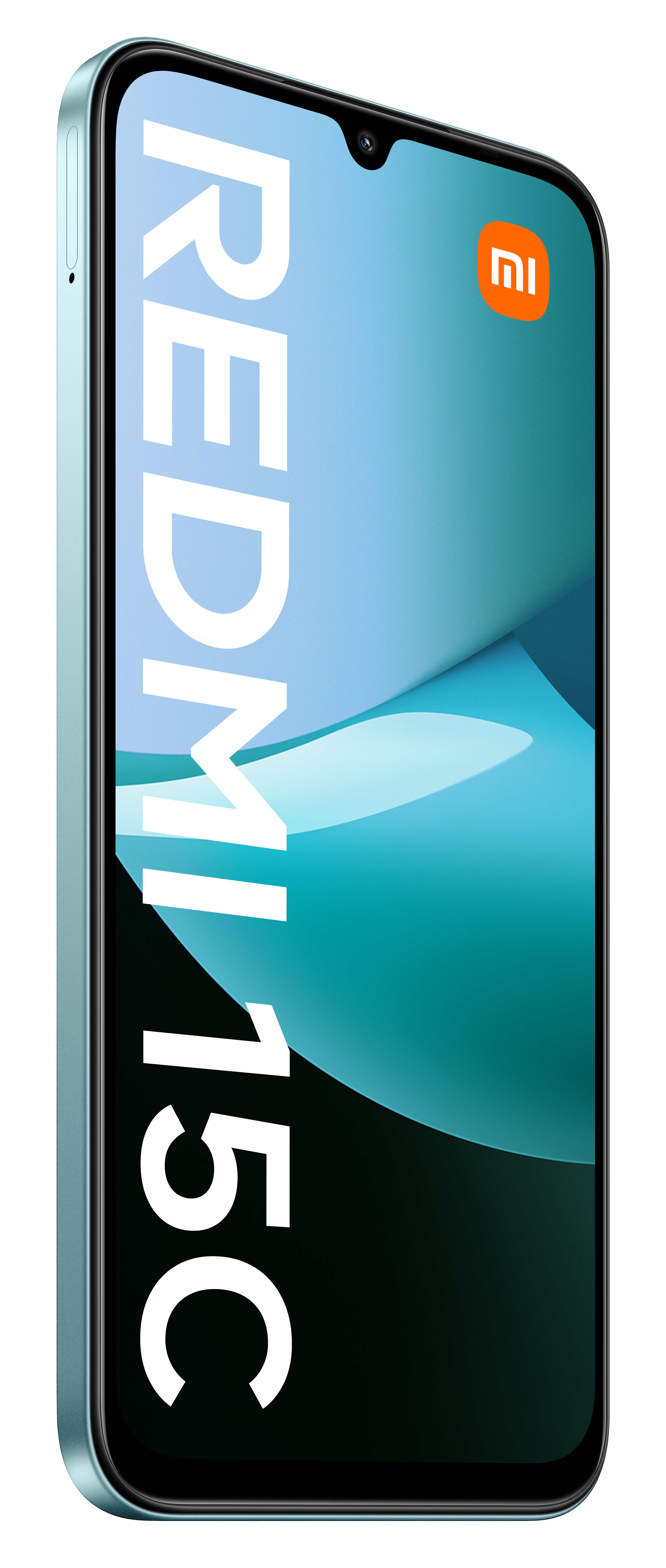 Turkusowy smartfon Redmi 15C. Ekran wyświetla tekst 'Redmi 15C' z logo Xiaomi. Telefon ma przedni aparat.