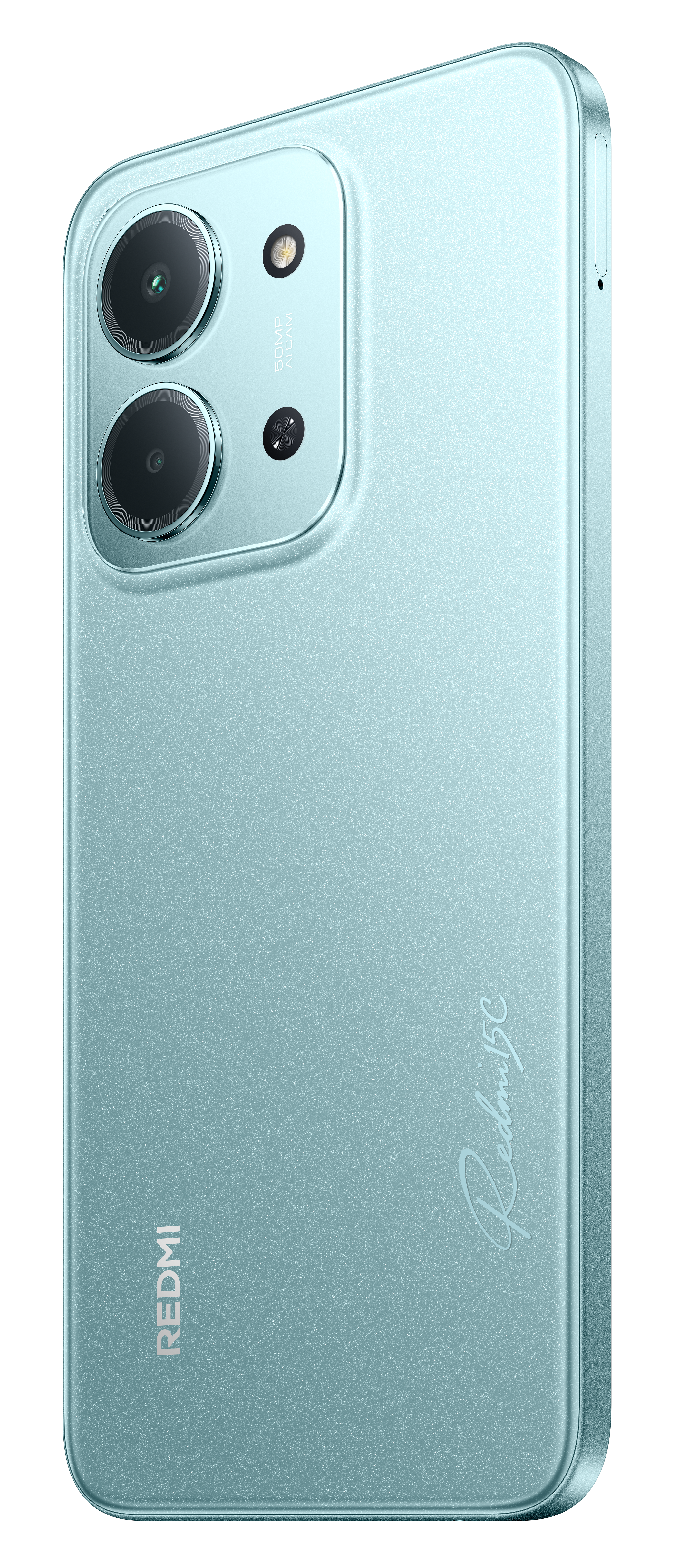 Tył smartfona Redmi 5C w kolorze niebiesko-zielonym z obiektywami aparatu i logo. Telefon ma metaliczne wykończenie i zaokrąglone rogi.