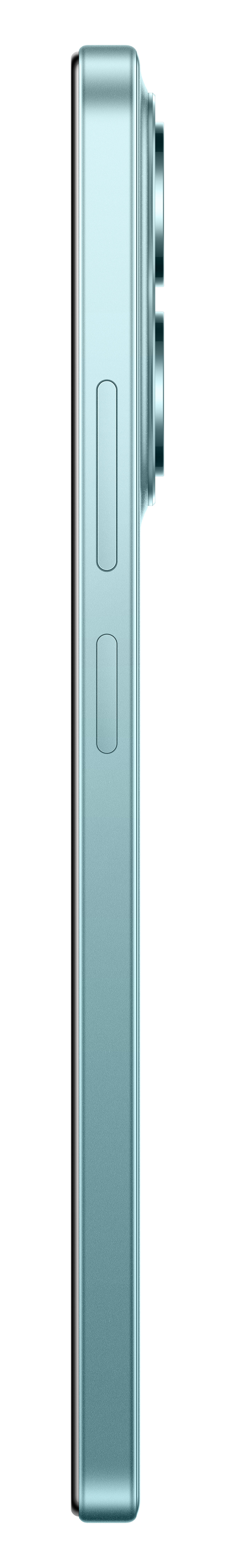 Widok z boku turkusowego smartfona. Pokazuje przyciski głośności i wypukłość aparatu na czarnym tle.