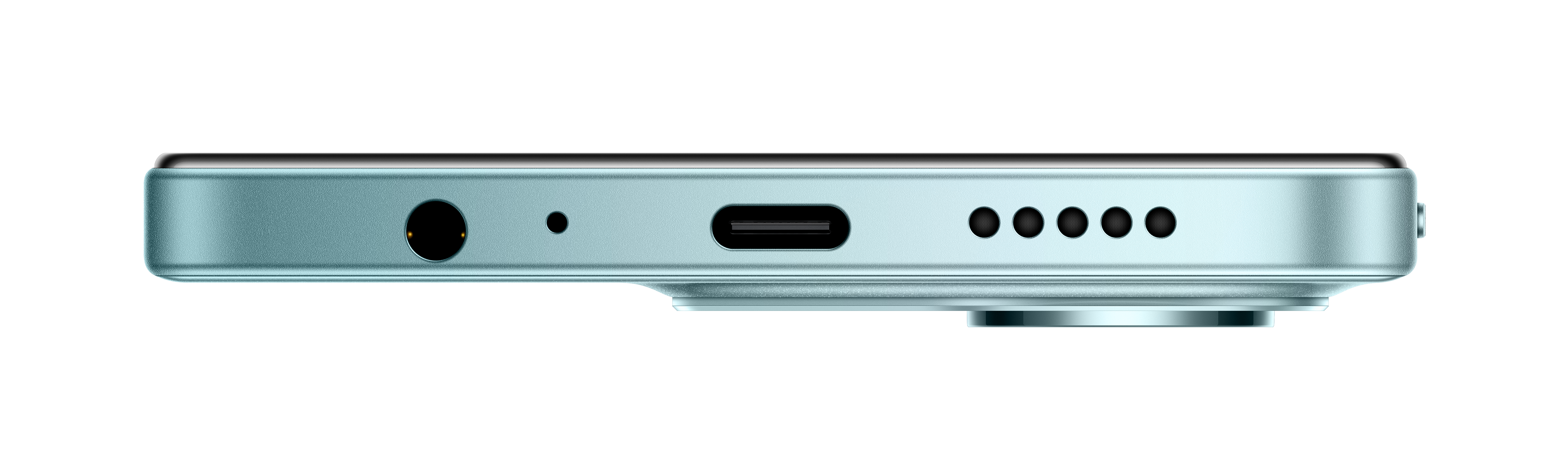 Widok z boku turkusowego smartfona z gniazdem słuchawkowym, portem USB-C i otworami głośnika na czarnym tle.