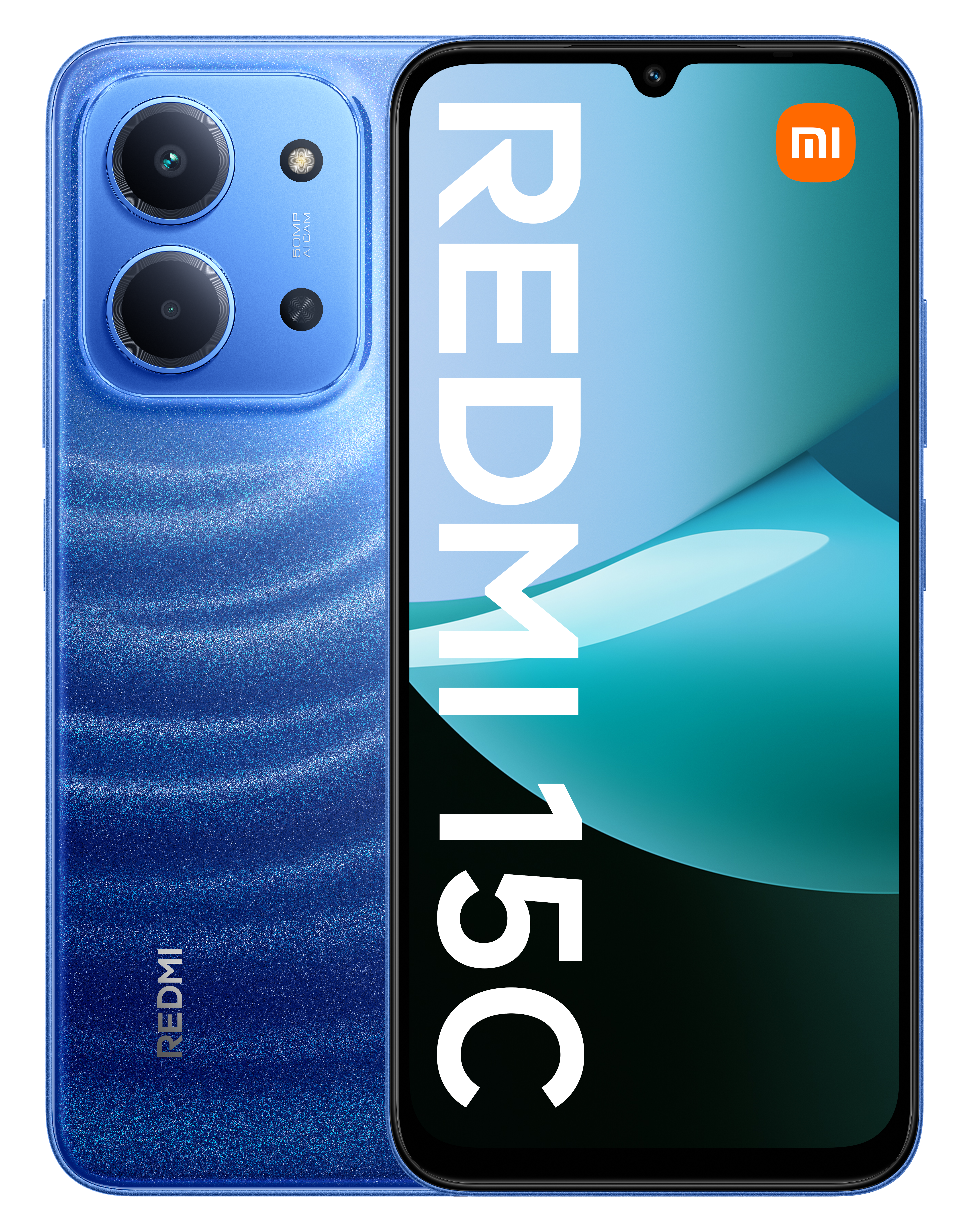 Niebieski smartfon Redmi 12C. Podwójne kamery z tyłu. Tekst Redmi i 15C na telefonie.