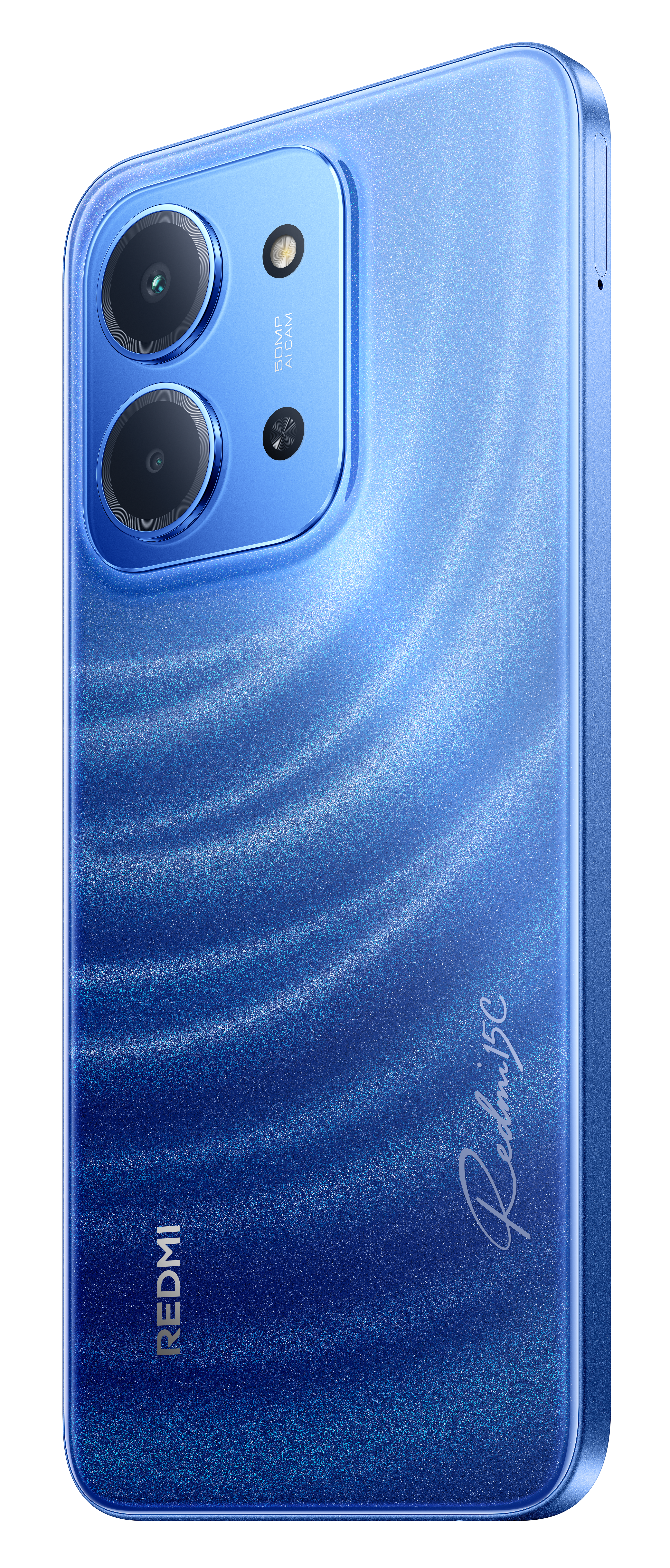 Niebieski tył telefonu Redmi 15C z obiektywami aparatu, logo Redmi i podpisem. Telefon ma gradientowy design i błyszczące wykończenie.