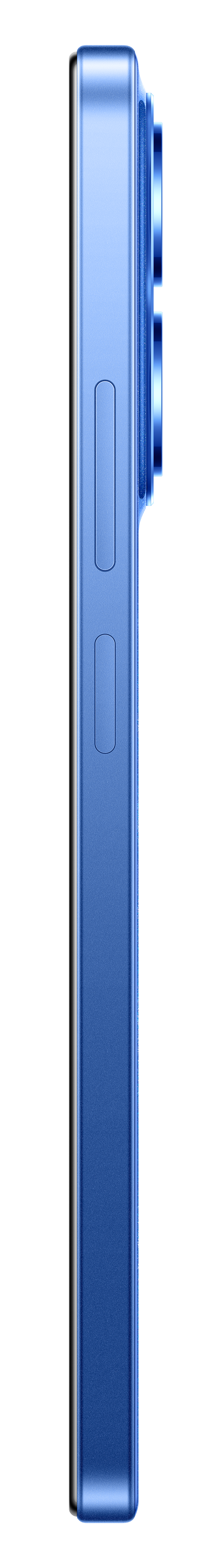 Widok z boku niebieskiego smartfona z dwoma przyciskami i obiektywami aparatu. Na czarnym tle.