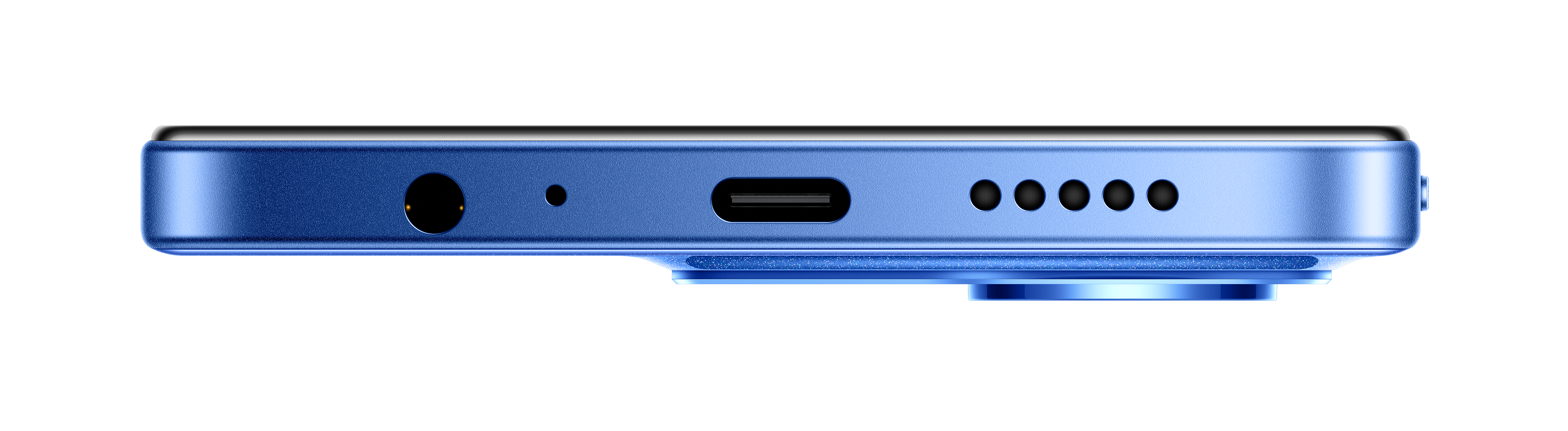 Widok z boku niebieskiego smartfona, ujawniający gniazdo słuchawkowe, port ładowania i głośniki na czarnym tle.