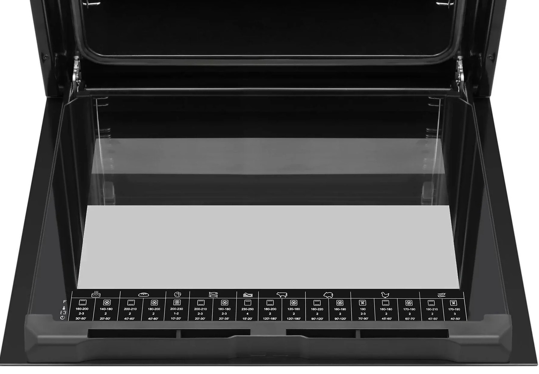Otwarty piekarnik ze szklanymi drzwiami. Poniżej panel sterowania z symbolami gotowania i ustawieniami temperatury.