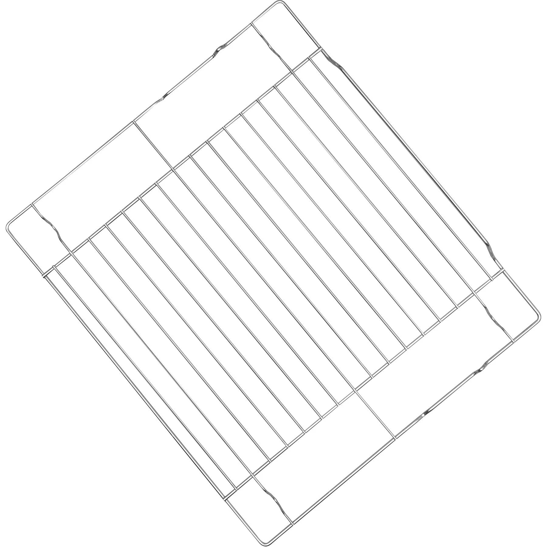 Metalowy ruszt druciany, prawdopodobnie do piekarnika. To siatka równoległych linii z prostokątną ramą.