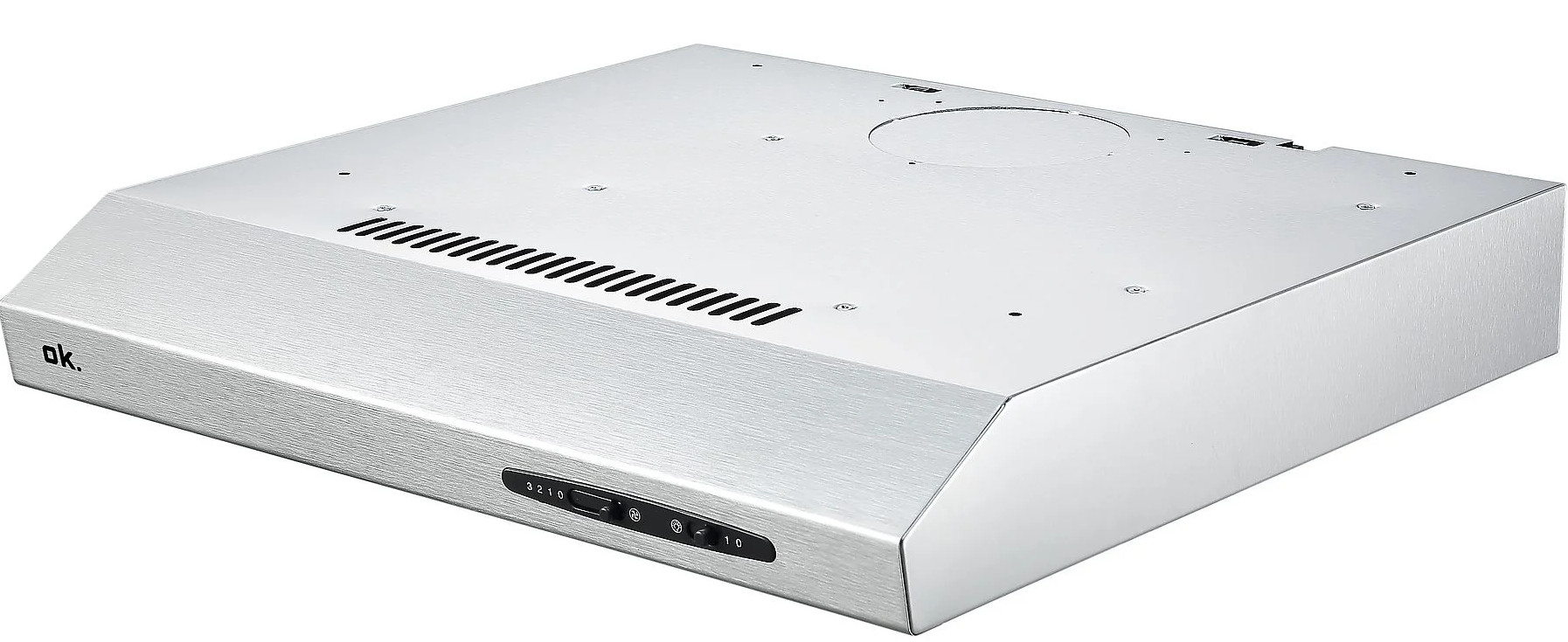 Szczotkowany srebrny okap kuchenny z przyciskami sterowania. Widoczna marka 'ok.'. Ma prostokątny kształt z wentylacją na górze.