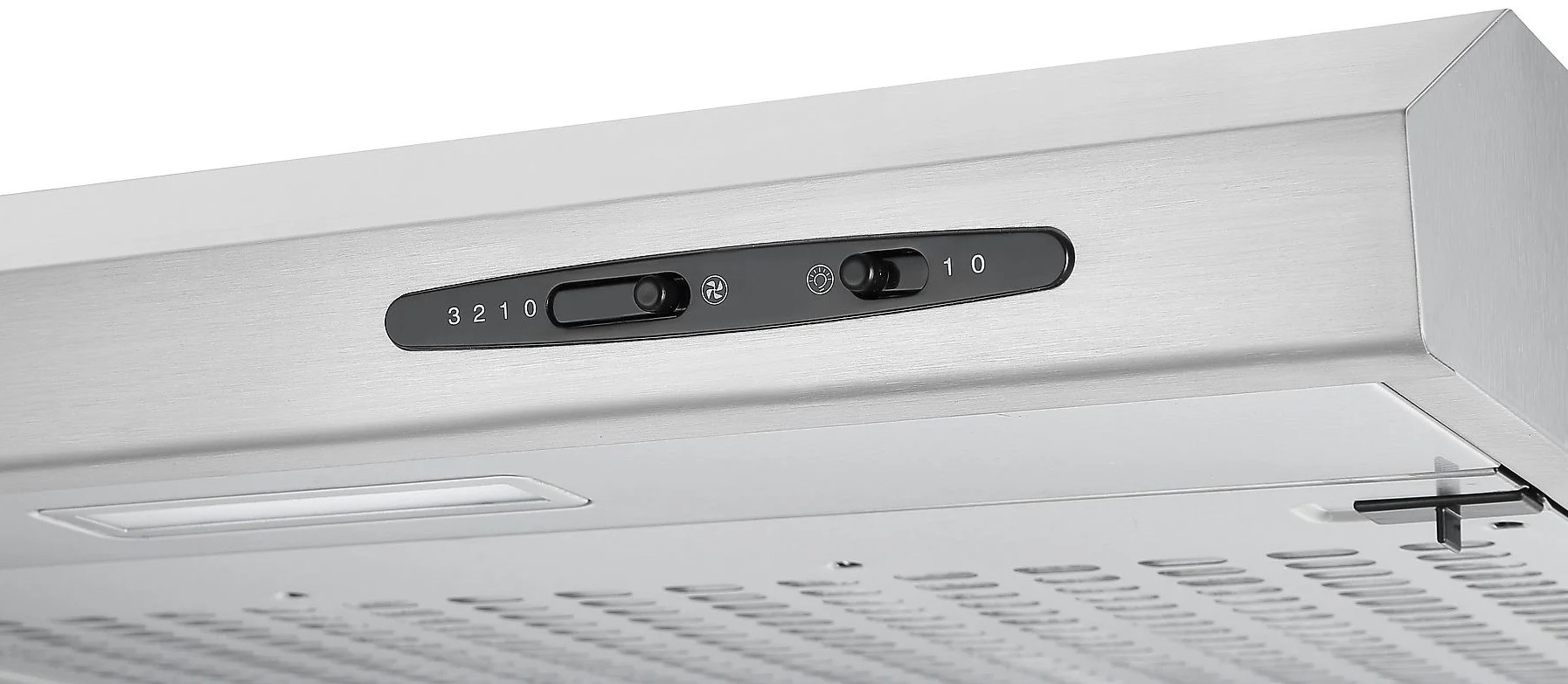 Okap ze stali nierdzewnej z czarnym panelem sterowania, z ustawieniami wentylatora i światła. Panel ma numery 0-3.