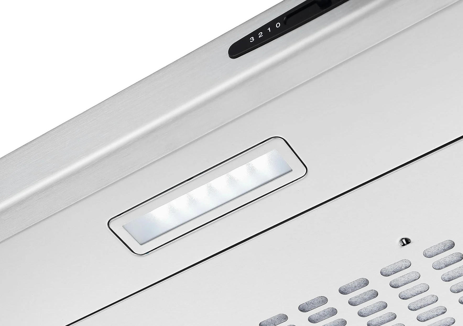 Zbliżenie ze stali nierdzewnej okap. Ma światło, panel sterowania z numerami i otwory wentylacyjne.