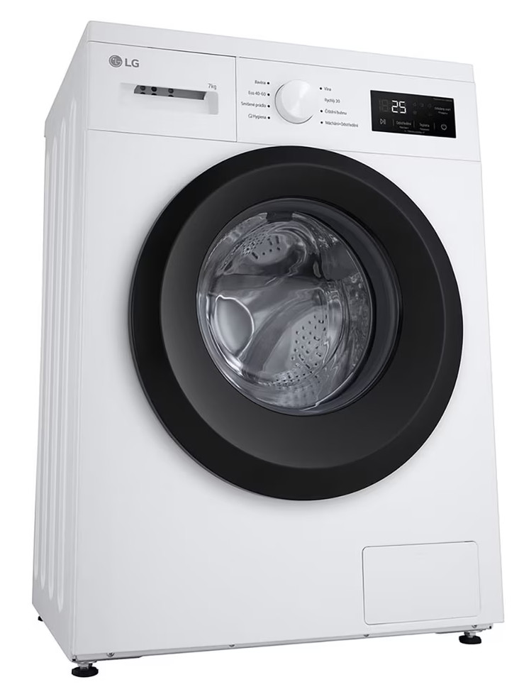 Biała pralka LG z czarnymi drzwiami. Posiada cyfrowy wyświetlacz z napisem '25'. Sterowanie na górnym panelu.