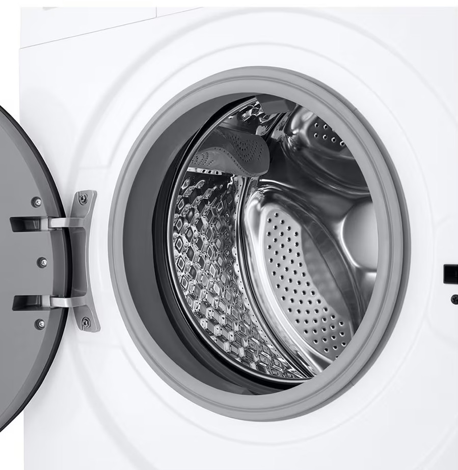 Biała pralka z otwartymi drzwiami. Wnętrze ze stali nierdzewnej. Drzwi szare i otwarte, pokazujące bęben.