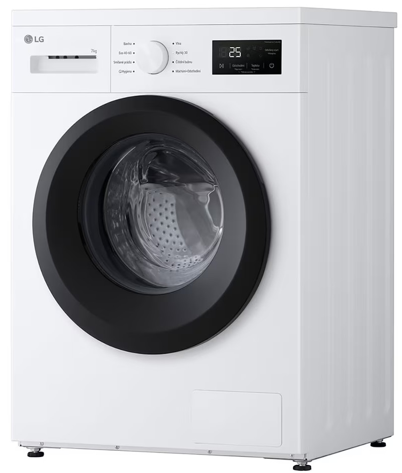 Biała pralka LG. Ma czarną ramę drzwi i cyfrowy wyświetlacz. Maszyna stoi na białej powierzchni.