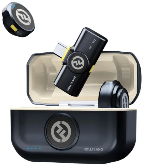 Czarny bezprzewodowy zestaw mikrofonów Hollyland z etui ładującym. Zawiera wiele nadajników, odbiornik i etui ładujące z logo.
