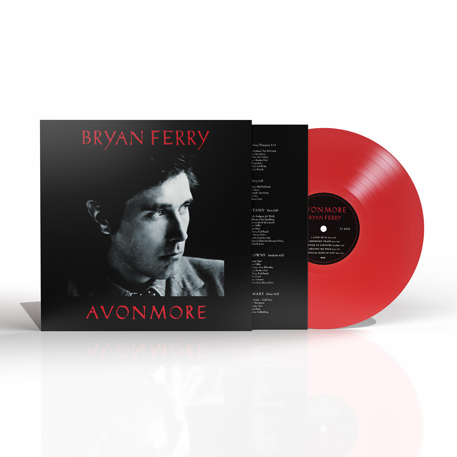 Albumcover von Bryan Ferrys 'Avonmore'. Zeigt ein Foto von Ferry und eine leuchtend rote Schallplatte auf weißem Untergrund.