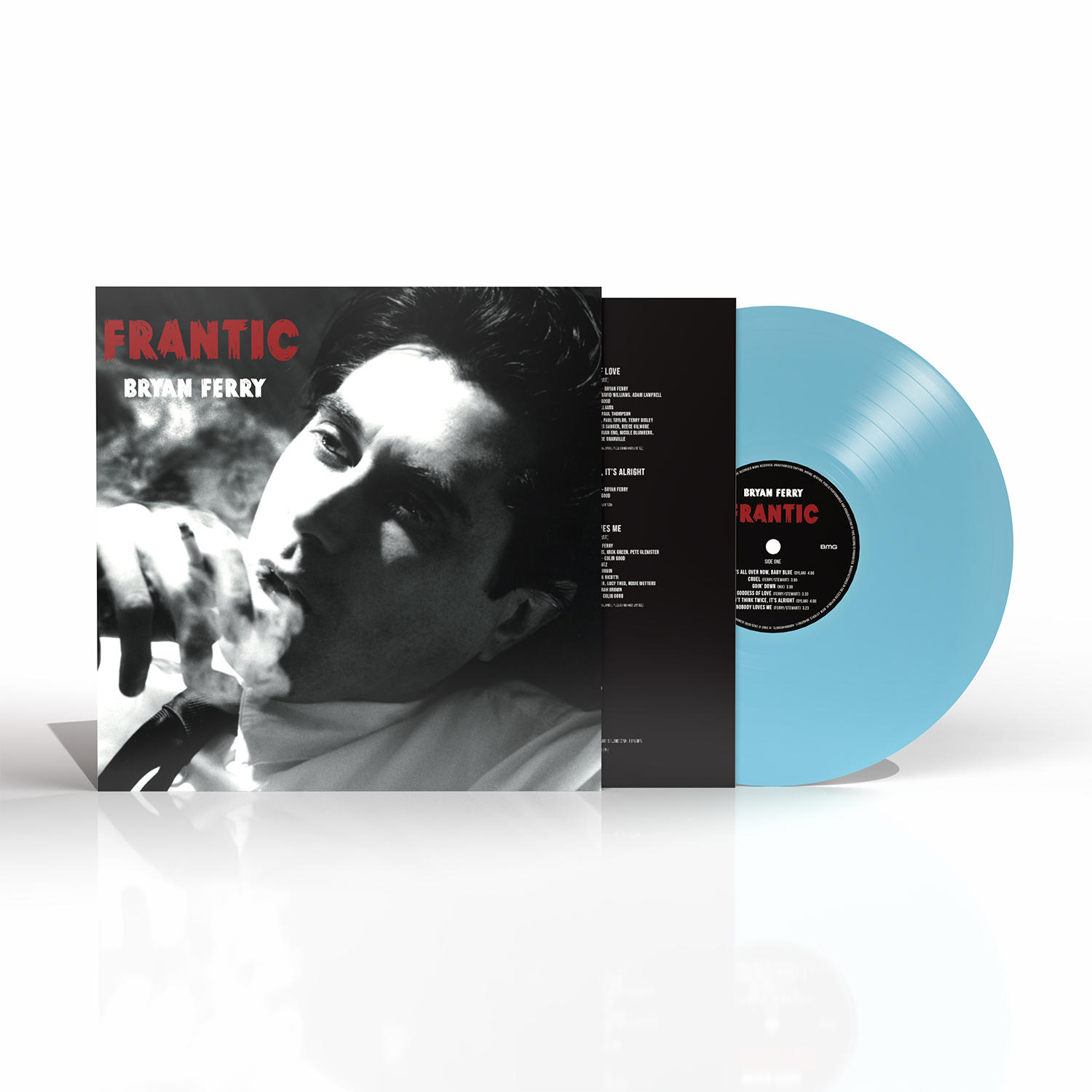 Albumcover von Bryan Ferrys 'Frantic'. Zeigt Ferry beim Rauchen, mit einer hellblauen Schallplatte und Albumhülle auf Weiß.