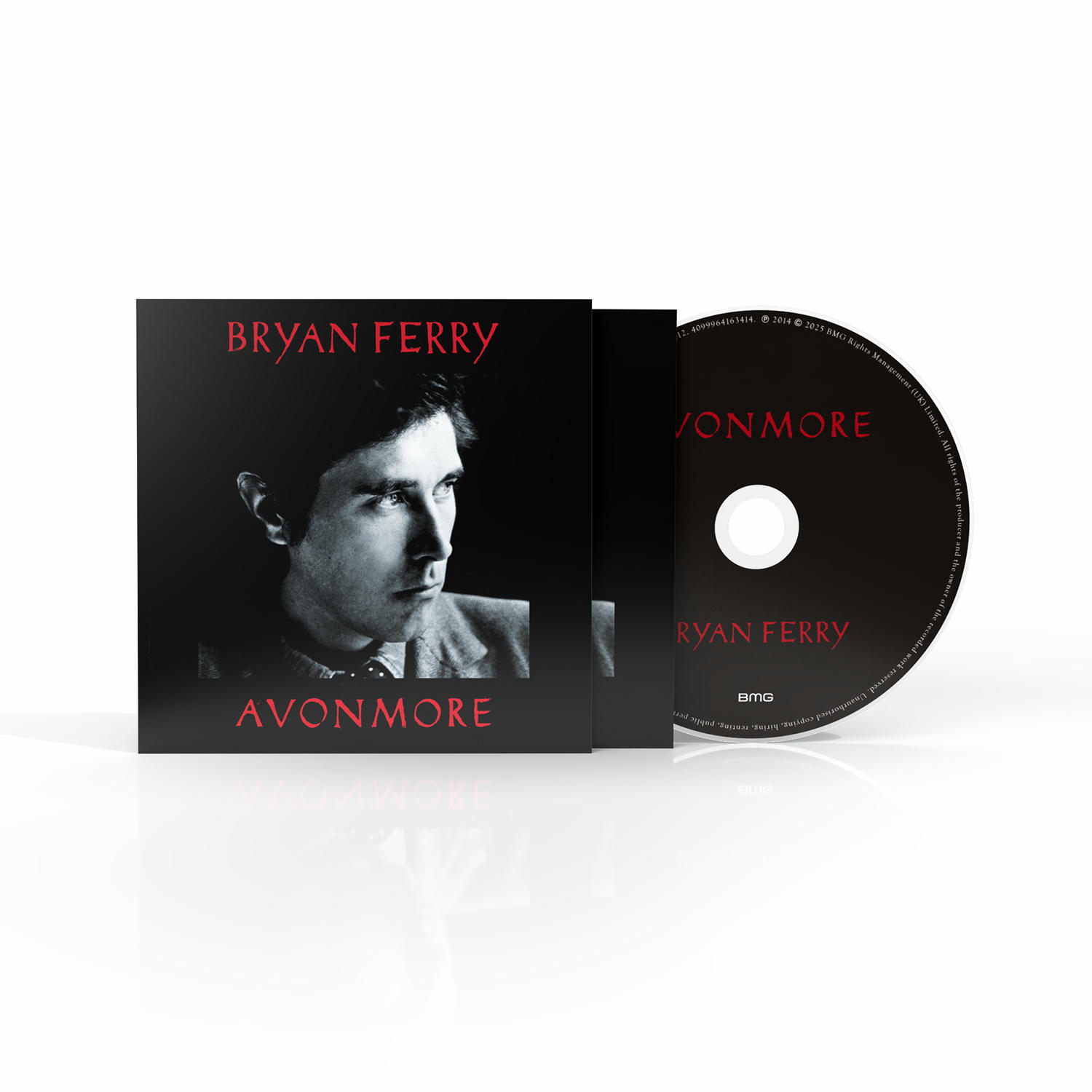 Albumcover für Bryan Ferrys 'Avonmore'. Schwarz-Weiß-Bild von Ferry. CD teilweise sichtbar mit Text und weißem Mittelteil.