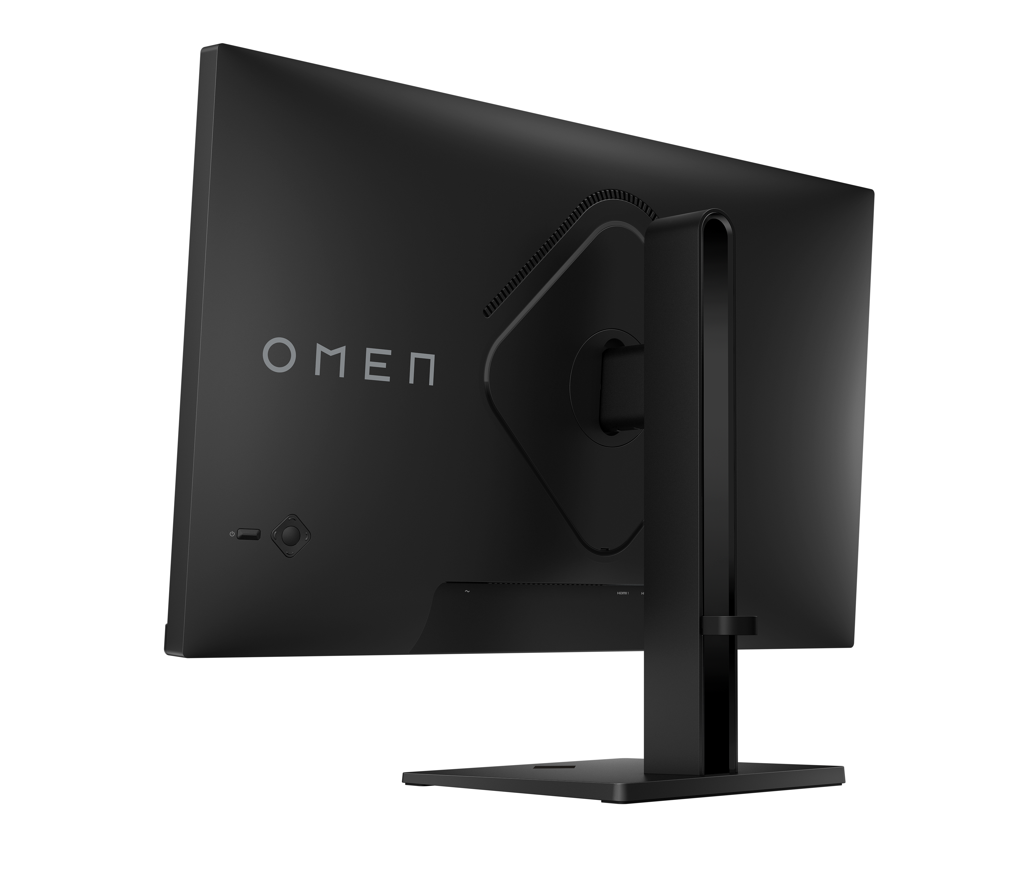 Rückseite eines schwarzen Monitors mit OMEN-Logo und Standfuß.