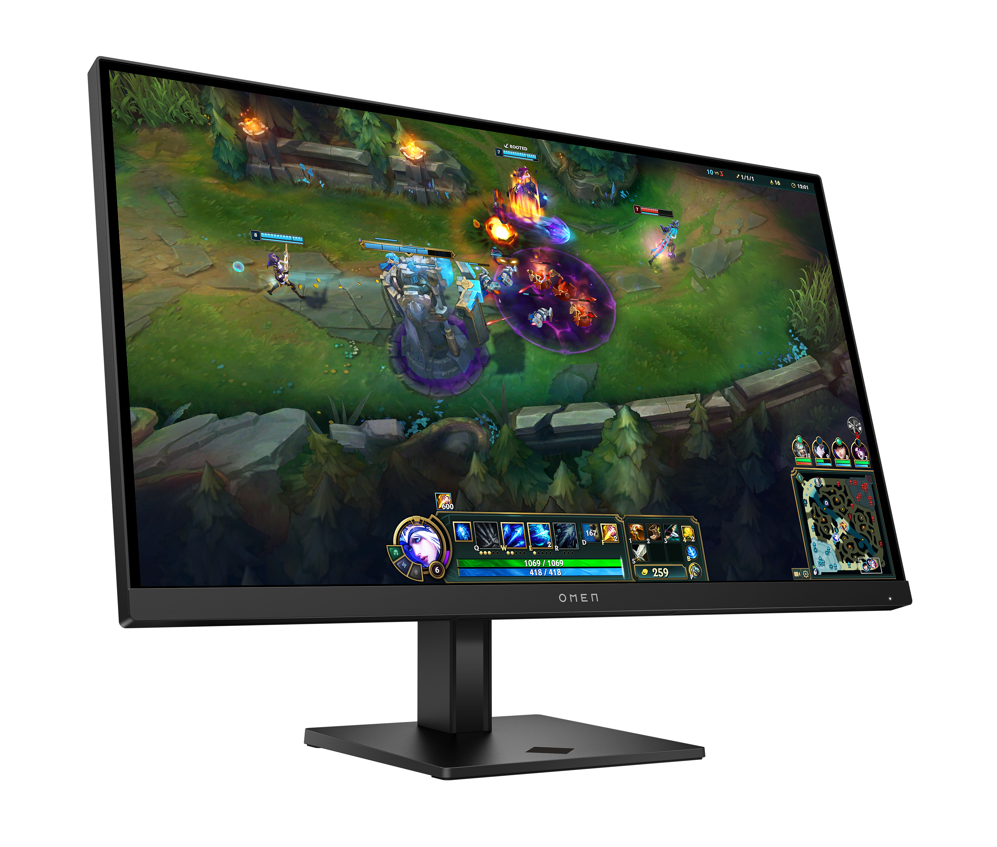 Ein Monitor zeigt ein Computerspiel mit Charakteren, eine Karte und Spielinformationen.