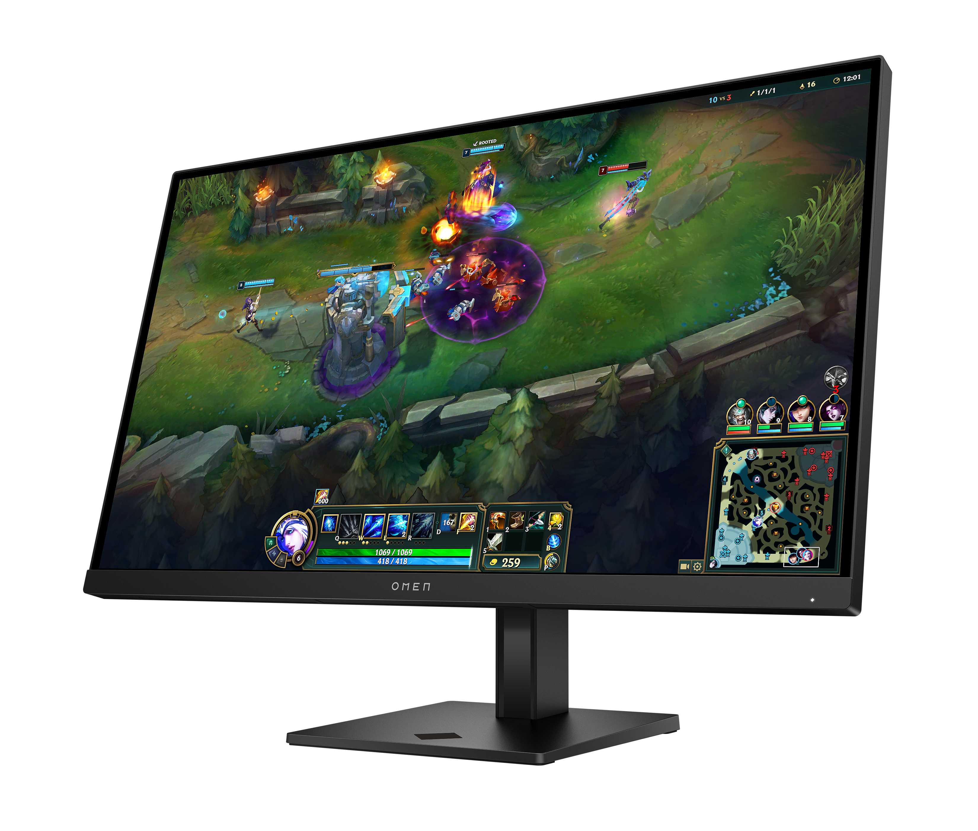 Ein OMEN Monitor zeigt ein Computerspiel mit Charakteren, Bäumen und einer Karte.