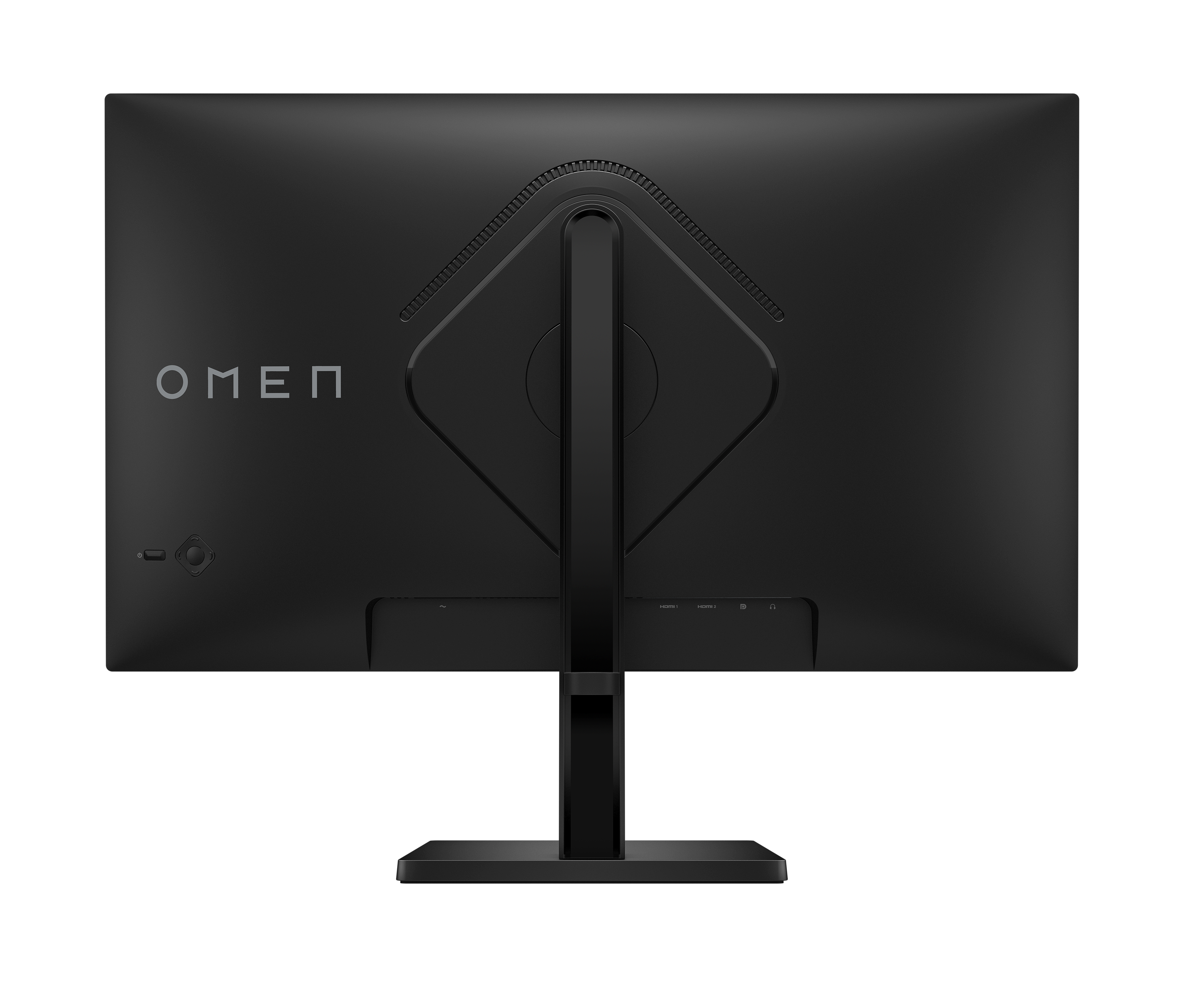 Rückseite eines schwarzen Monitors mit dem OMEN-Logo und Anschlüssen.