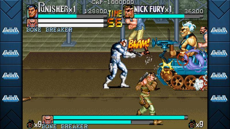 The Punisher und Nick Fury in einem Side-Scrolling-Actionspiel. Charaktere kämpfen gegen Feinde. Explosionen und Schüsse sind sichtbar.