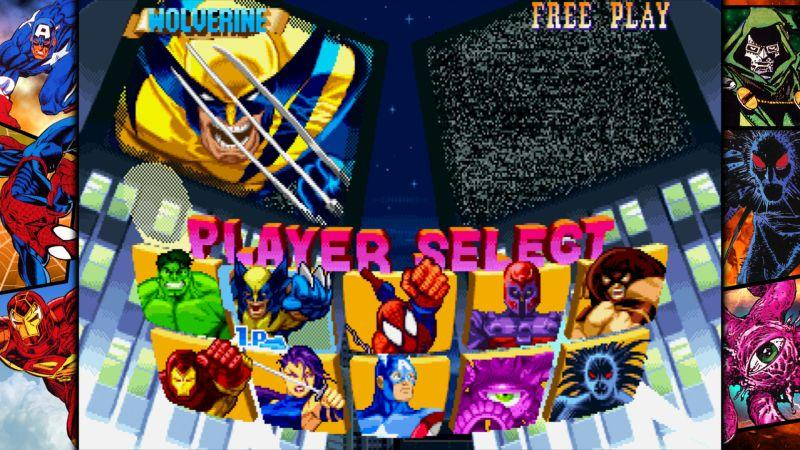 Ein Spielerauswahlbildschirm aus einem Arcade-Spiel. Wolverine ist zu sehen, zusammen mit anderen Marvel-Charakteren wie Spider-Man und Hulk.