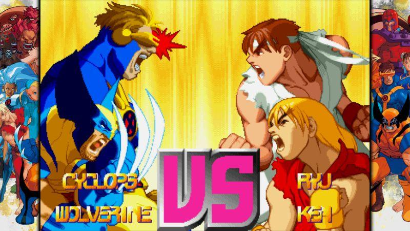 Ein Versus-Bildschirm zeigt Cyclops und Wolverine vs. Ryu und Ken. Der Hintergrund ist goldfarben mit dem Wort "VS".