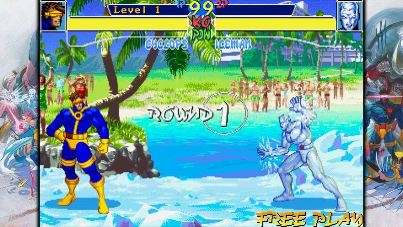 Cyclops gegen Iceman am Strand. Cyclops in Blau und Gelb, Iceman ist silbern. Runde 1 wird angezeigt, Menge im Hintergrund.
